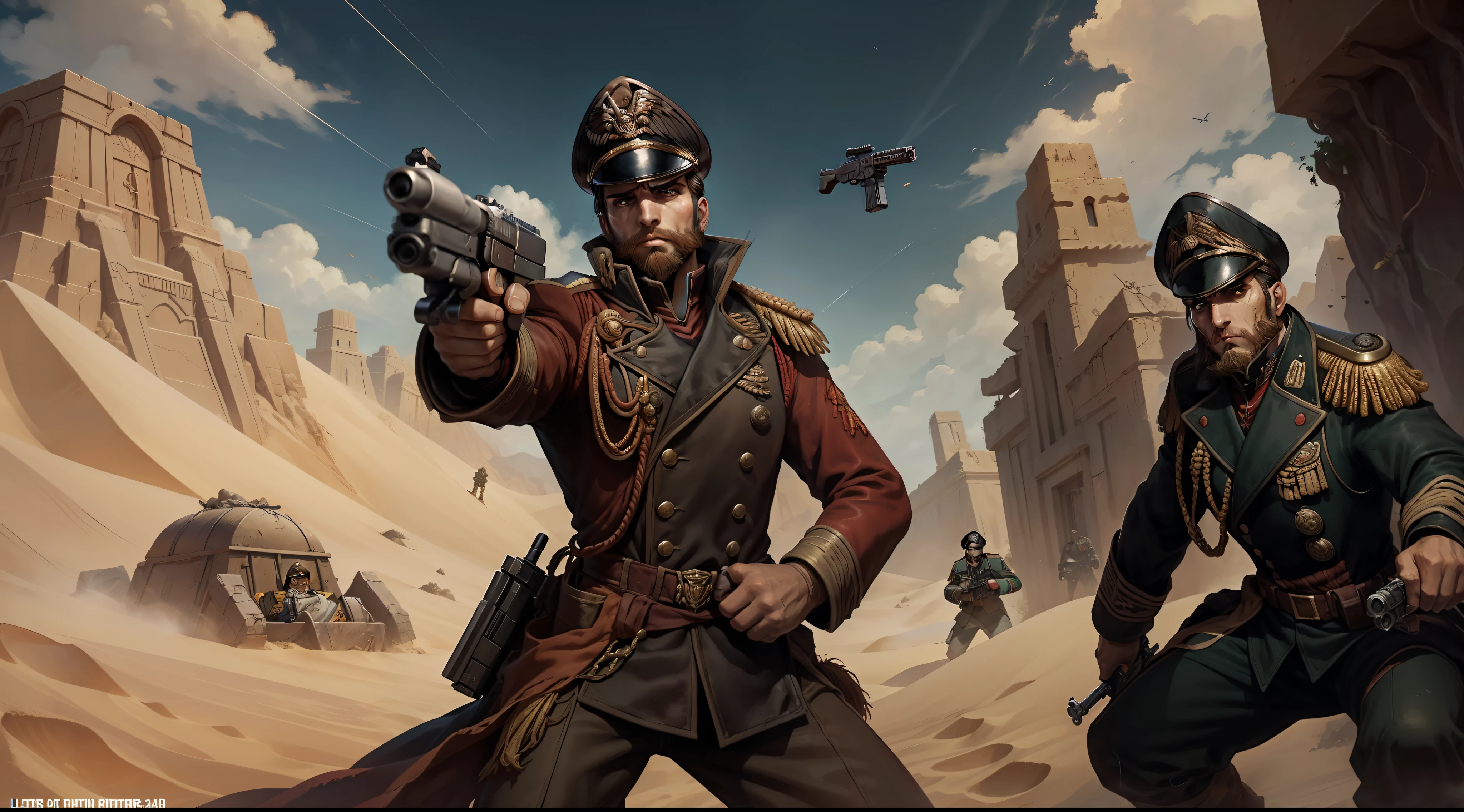 Warhammer 40k commissar, man, short beard, black hair, light eyes, ((with a bolter pistol)), sniper pose, aiming at the viewer, heroic stance, scenery of a desert planet, with sand dunes and secret tombs, other soldiers around waiting for orders.
