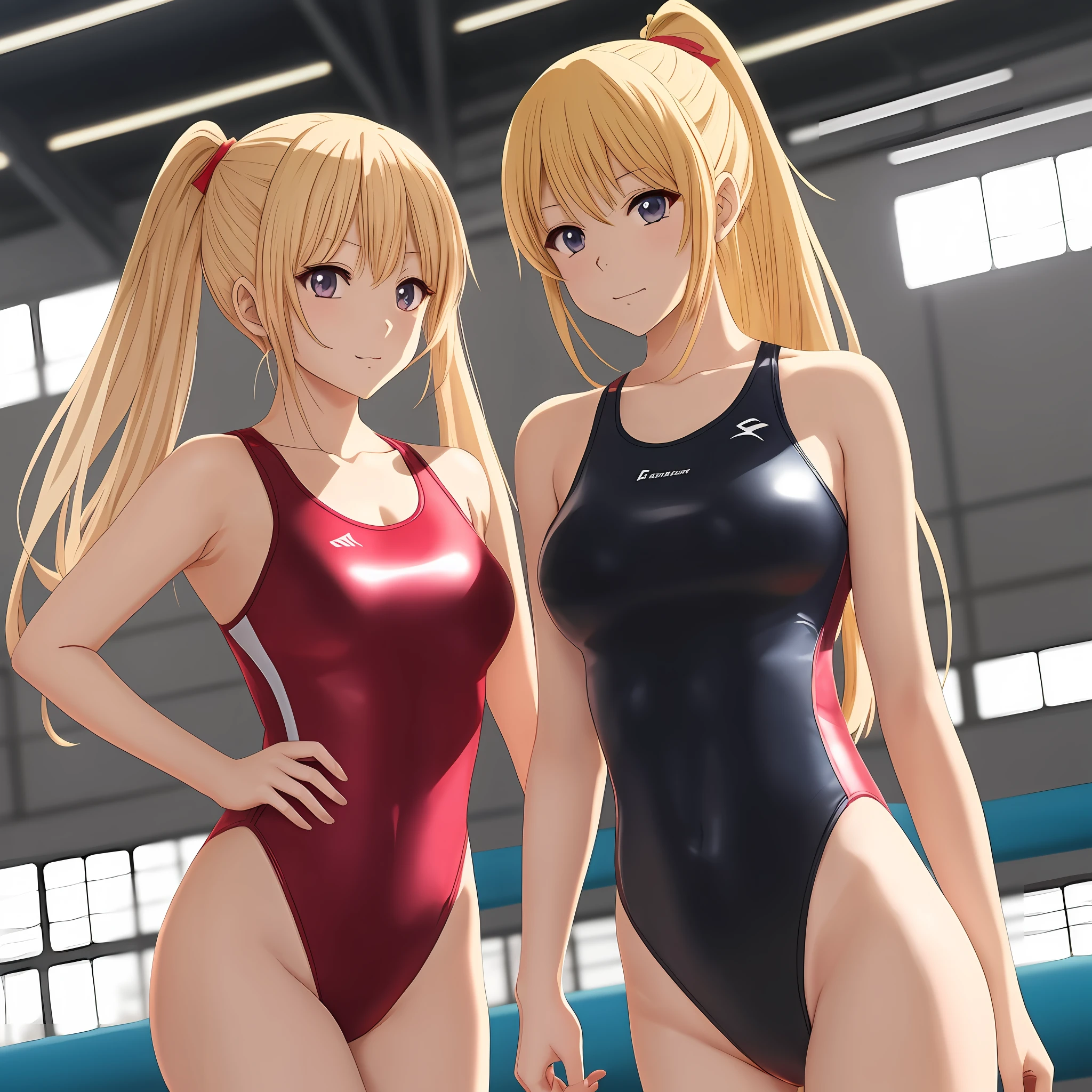 Anime girl wearing leotard in gymnasium, two beautiful anime girls, ecchi anime style, latex leotard, gymnasium, gymnasium, anime girl, swimsuit, lighted gymnasium, gymnasium, wearing leotard, high quality anime art style, high resolution committee, digital anime art!, Clothing: Leotard, big, blonde and vermillion --auto