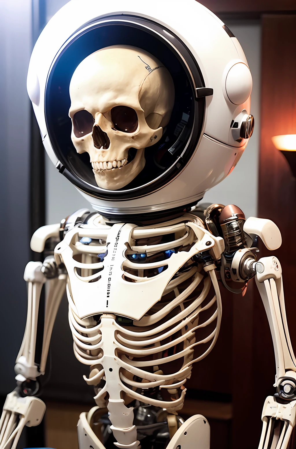 Make a realistic and gore image of a skeletal robot astronaut