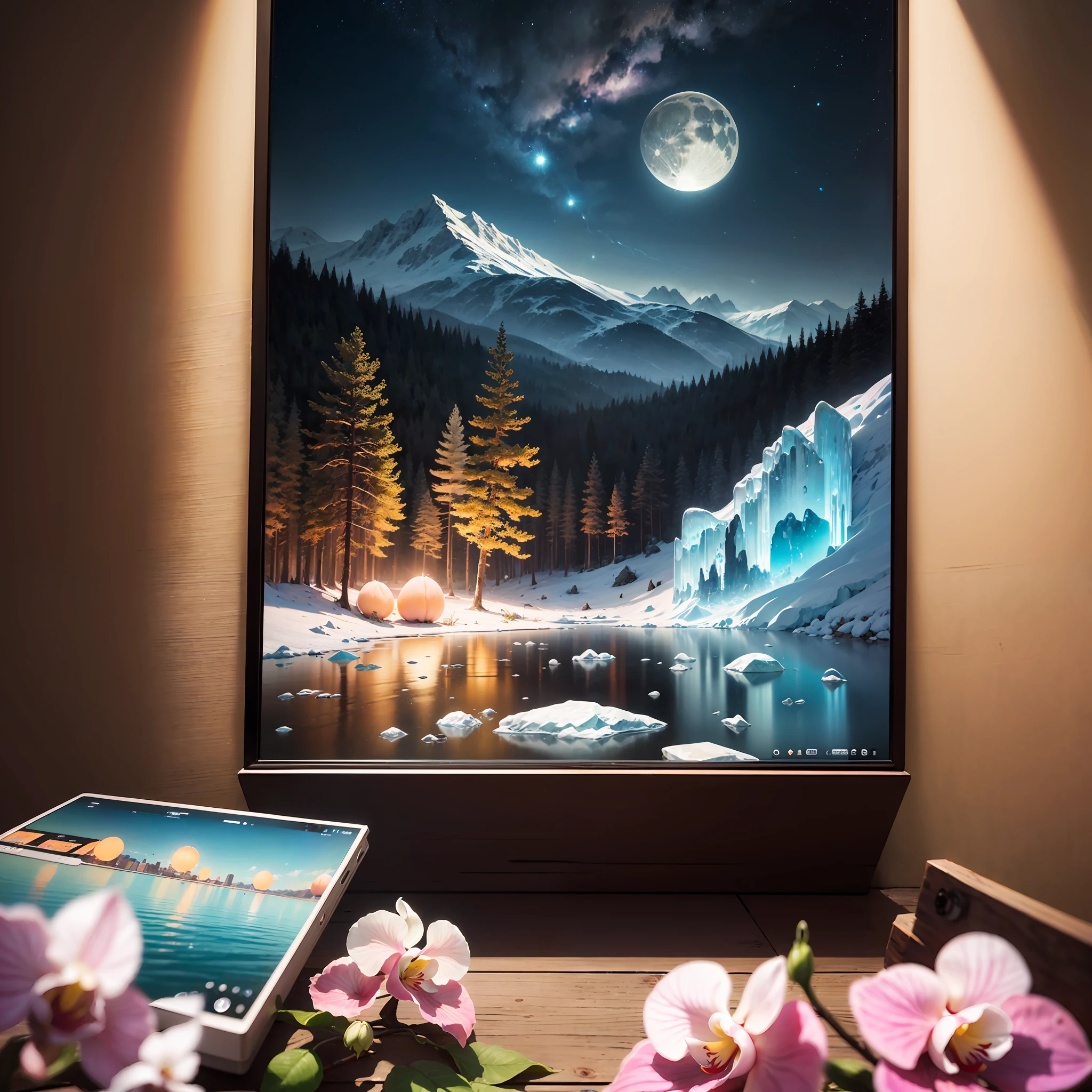 Computer Visualized Graphics, Realistic Fantasy, Extensive Landscape Ultrasound Photography (general view showing white and pink orchid, dew, ice,), full moon, night sky, blurred background, warm, yellow, purple background, pink, warm, magic, "Hyper-realistic textures," "Precise details," "Realistic still life," "Realistic portraits," "Realistic landscapes." Watercolor drawing, "Majestic mountains,", "Hyper-realistic textures," Banksy, Liu Bolin, Ansel Adams, Yoshitaka Amano realistic fantasy, Extensive landscape ultrasound photography (general view showing glass glass, peach, glass peach, flower, glass flower, glass, ice cubes, bubbles inside the ice, dew, wood), blurred background, cool, turquoise shade, a bit of purple, airy color, magic, "Hyper-realistic textures," "Precise details," “Realistic still life,” “Realistic portraits,” “Realistic landscapes.”“ Lit cityscapes,” “Starry skies,” “Moonlit landscapes,” “Night time portraits,” “Long exposures.” 16:9 --ar --auto