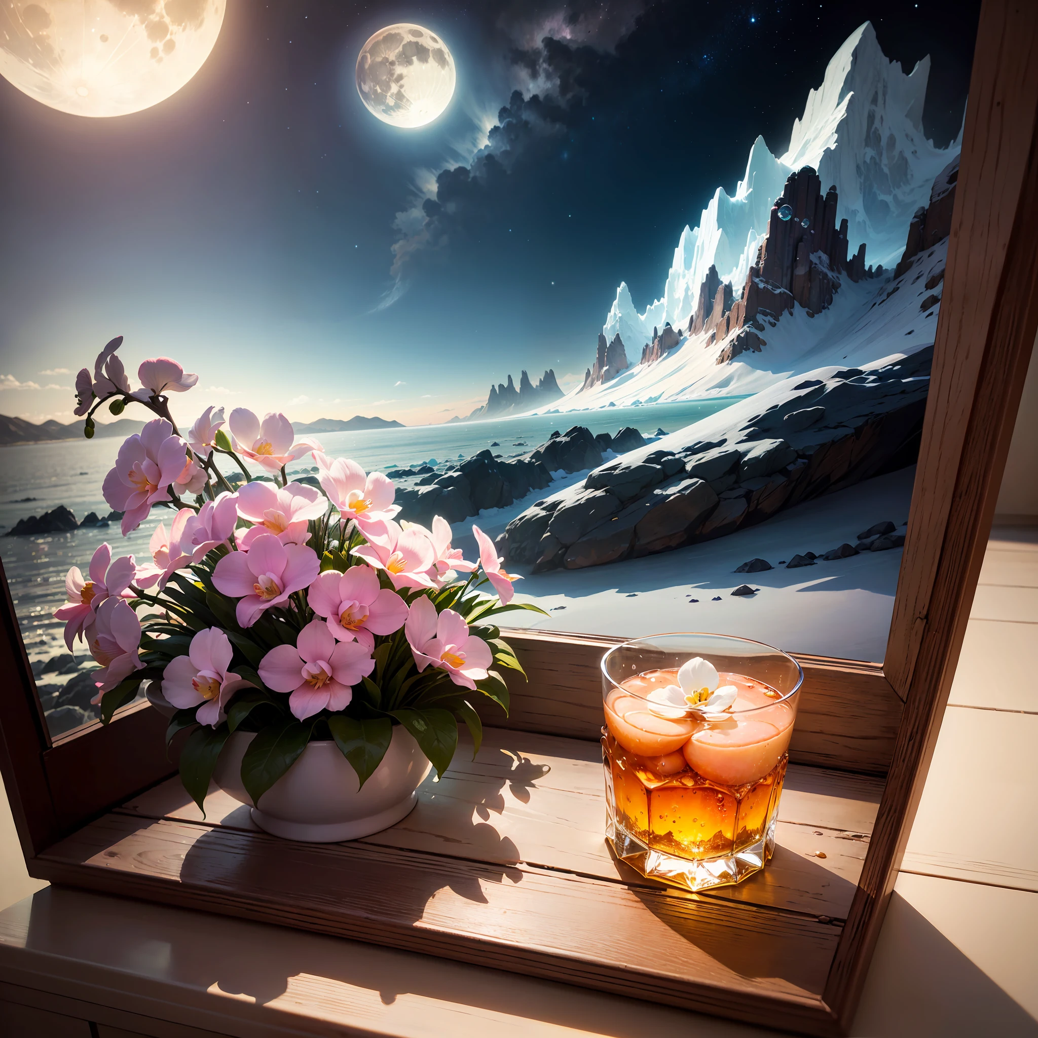 Computer Visualized Graphics, Realistic Fantasy, Extensive Landscape Ultrasound Photography (general view showing white and pink orchid, dew, ice,), full moon, night sky, blurred background, warm, yellow, purple background, pink, warm, magic, "Hyper-realistic textures," "Precise details," "Realistic still life," "Realistic portraits," "Realistic landscapes." Watercolor drawing, "Majestic mountains,", "Hyper-realistic textures," Banksy, Liu Bolin, Ansel Adams, Yoshitaka Amano realistic fantasy, Extensive landscape ultrasound photography (general view showing glass glass, peach, glass peach, flower, glass flower, glass, ice cubes, bubbles inside the ice, dew, wood), blurred background, cool, turquoise shade, a bit of purple, airy color, magic, "Hyper-realistic textures," "Precise details,"  “Realistic still life,” “Realistic portraits,” “Realistic landscapes.”“ Lit cityscapes,” “Starry skies,” “Moonlit landscapes,” “Night time portraits,” “Long exposures.” 16:9 --ar --auto