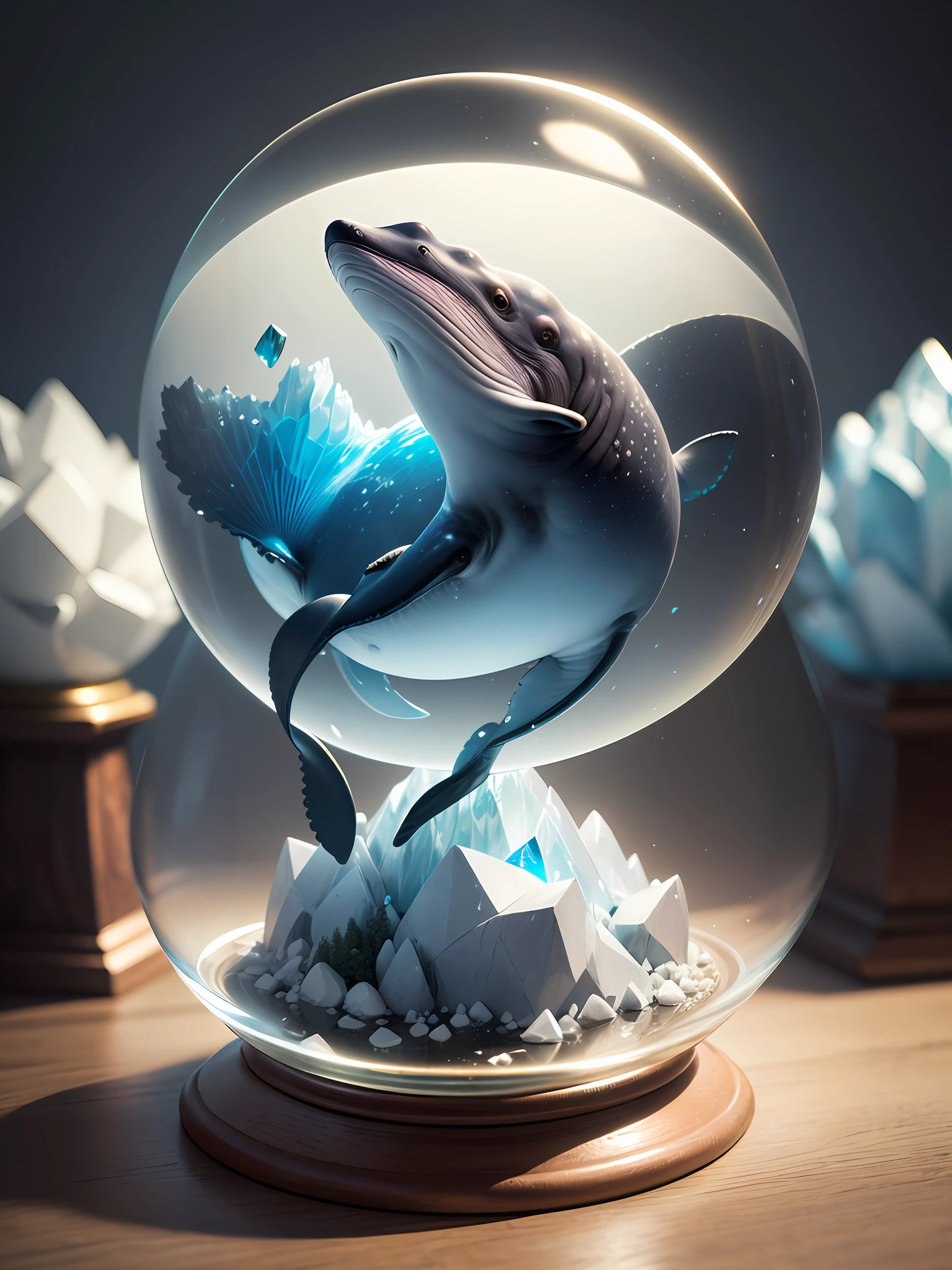 Ultra-realistic, 16K high resolution, (Max Sharp Focus: 1.3), (Max Close-up: 1.5), (Whale trapped in a crystal ball with pedestal on a table: 1.7), (Iceberg, Milky Way: 1.5),