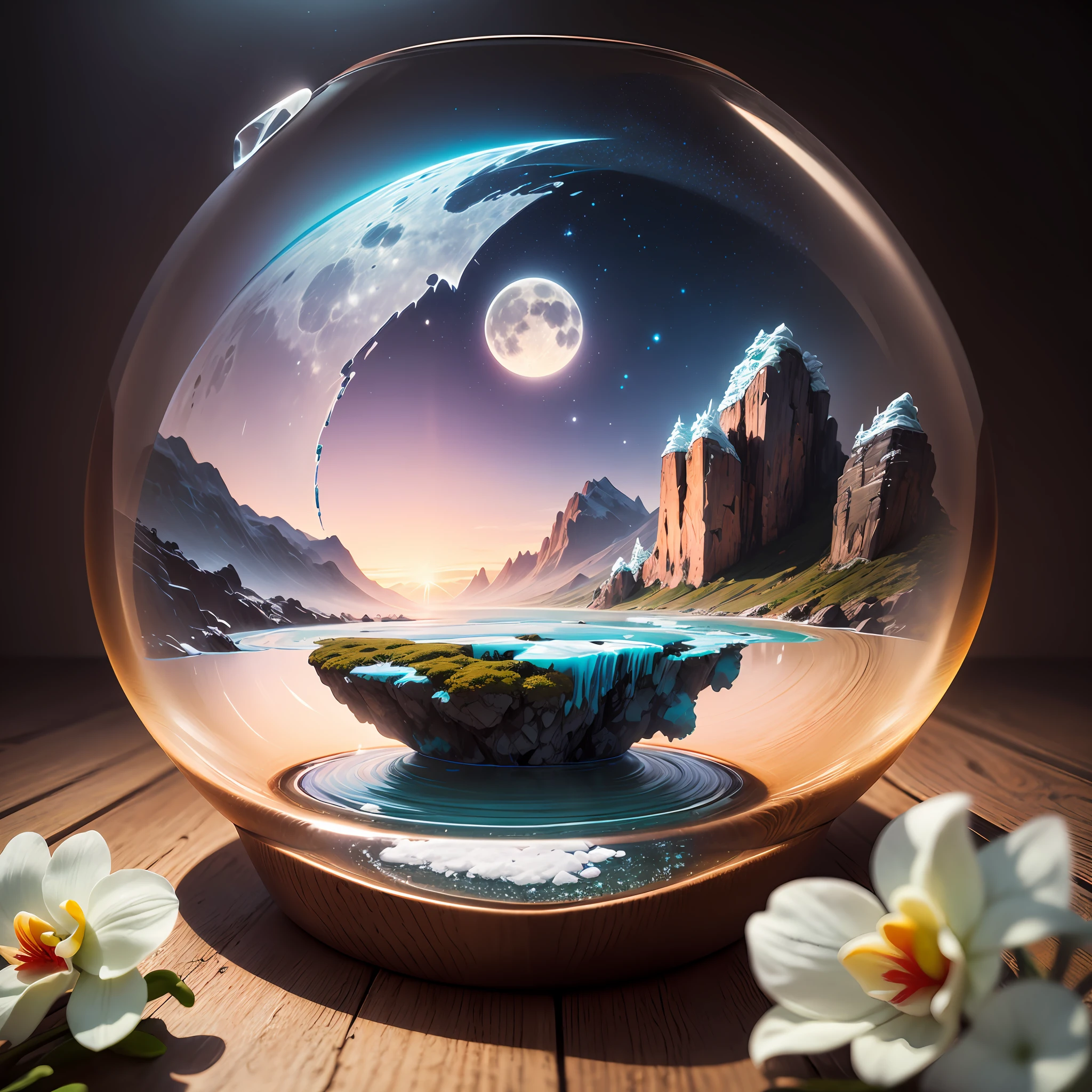 Computer Visualized Graphics, Realistic Fantasy, Extensive Landscape Ultrasound Photography (general view showing white and pink orchid, dew, ice,), full moon, night sky, blurred background, warm, yellow, purple background, pink, warm, magic, "Hyper-realistic textures," "Precise details," "Realistic still life," "Realistic portraits," "Realistic landscapes." Watercolor drawing, "Majestic mountains," "Hyper-realistic textures," Banksy, Liu Bolin, Ansel Adams, Yoshitaka Amano realistic fantasy, Extensive landscape ultrasound photography (general view showing glass glass, glass peach, glass flower, glass, ice cubes, bubbles inside the ice, dew, wood), blurred background, cool, turquoise shade, a little purple, airy color, magic, "Hyper-realistic textures," "Precise details," "Realistic still life,” “Realistic portraits,” “Realistic landscapes.”“ Lit cityscapes,” “Starry skies,” “Moonlit landscapes,” “Night time portraits,” “Long exposures.” 16:9 --ar --auto