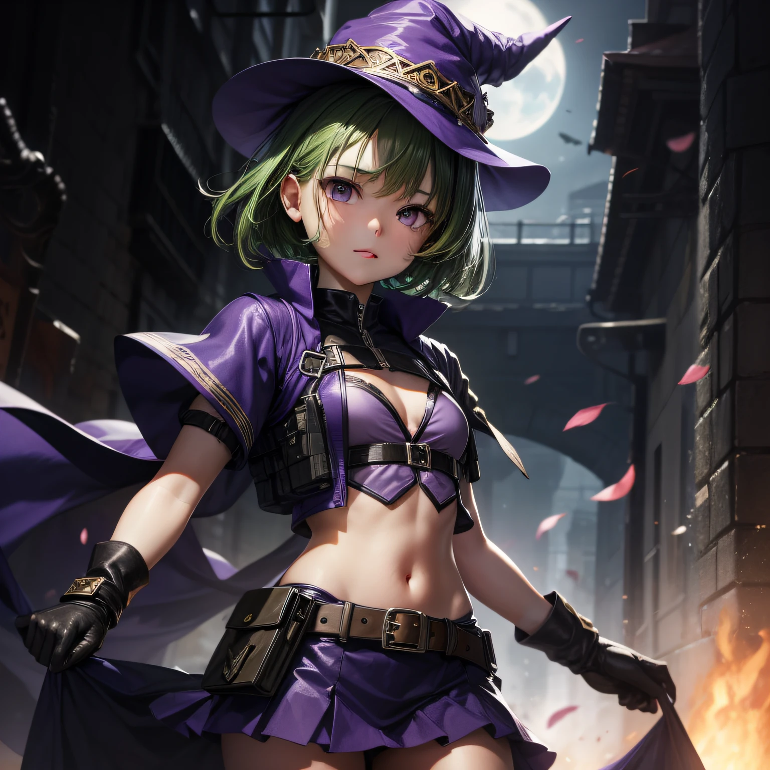 Top quality, very delicate and beautiful, ( girl), purple eyes, green hair, short hair, (purple pointy hat), one, tactical vest, short sleeves, purple skirt, purple wizard robe, navel