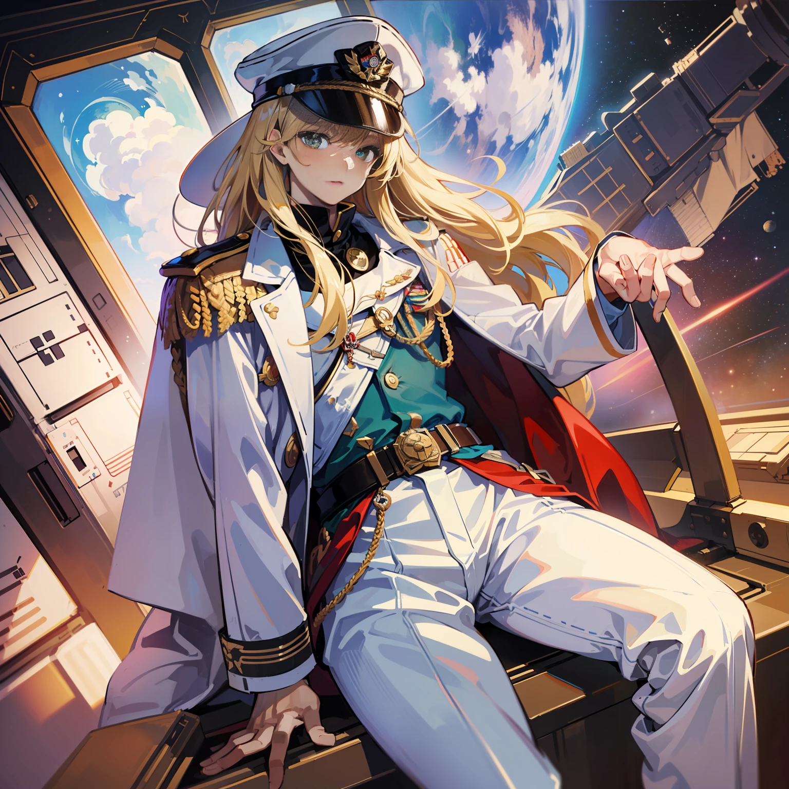 ((Masterpiece)), ((highest image quality)), ((highest image quality)), (illustration of one boy), full body, 20 years old, (beautiful boy)), (man's daughter), (neutral), (((thin blonde long hair, bangs)), pale green eyes, (brown skin)), ((brown skin)), (military uniform)), (military hat)), ((army coat)), (white clothes), (white pants), (white hat), (white hat), Trench Coat, ((Inside the Spacecraft)), (Outside the Window, Space, Earth as seen from space, Spaceport)
