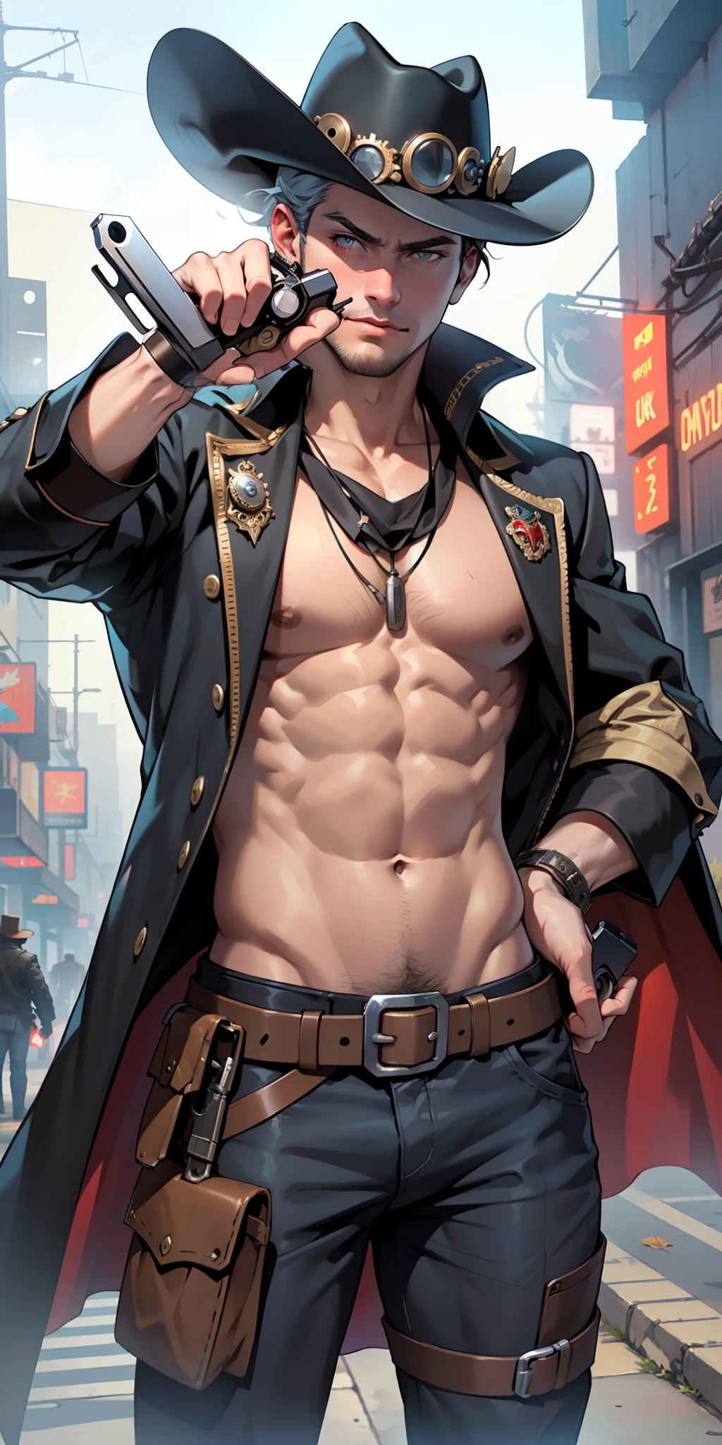 (/ultra resolution 8k/)),most beautiful boy, man manly face, cowboy hat, wind-powered cape, cowboy suit, Steampunk style, cyberpunk,((/shooting with antique revolver in each hand/)), add effect at the end,action pose