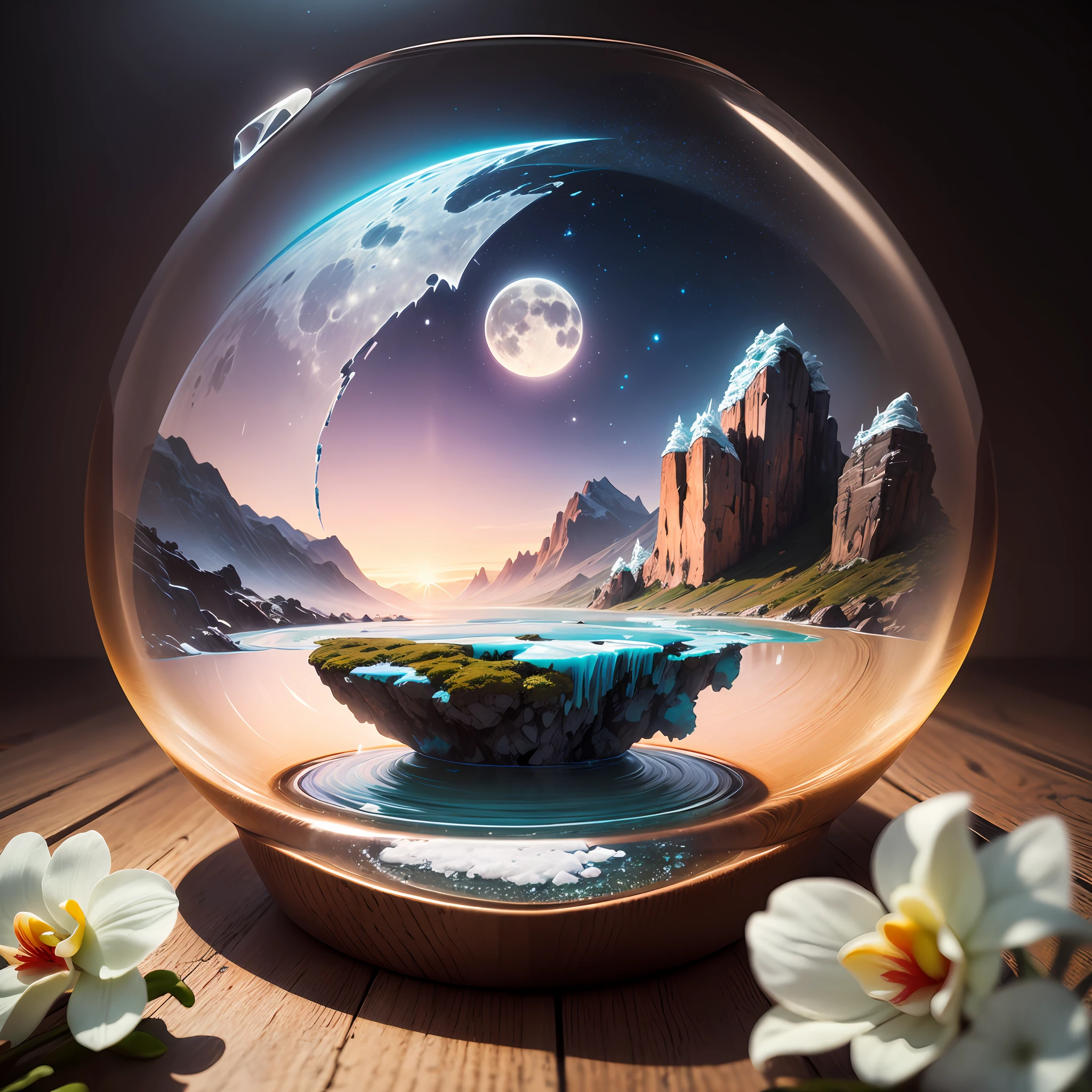 Computer Visualized Graphics, Realistic Fantasy, Extensive Landscape Ultrasound Photography (general view showing white and pink orchid, dew, ice,), full moon, night sky, blurred background, warm, yellow, purple background, pink, warm, magic, "Hyper-realistic textures," "Precise details," "Realistic still life," "Realistic portraits," "Realistic landscapes." Watercolor drawing, "Majestic mountains," "Hyper-realistic textures," Banksy, Liu Bolin, Ansel Adams, Yoshitaka Amano realistic fantasy, Extensive landscape ultrasound photography (general view showing glass glass, glass peach, glass flower, glass, ice cubes, bubbles inside the ice, dew, wood), blurred background, cool, turquoise shade, a little purple, airy color, magic, "Hyper-realistic textures," "Precise details," "Realistic still life,” “Realistic portraits,” “Realistic landscapes.”“ Lit cityscapes,” “Starry skies,” “Moonlit landscapes,” “Night time portraits,” “Long exposures.” 16:9 --ar --auto