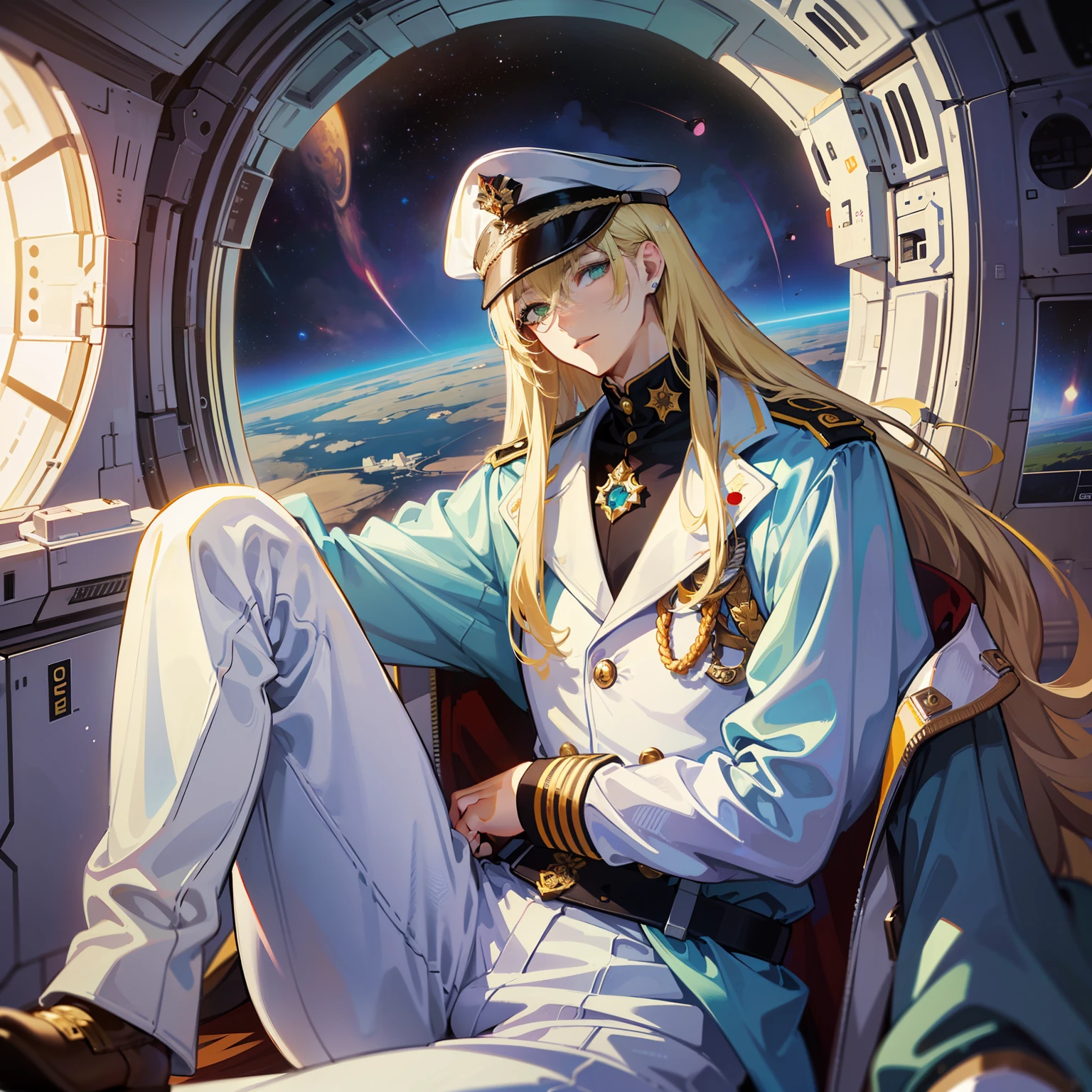((Masterpiece)), ((highest image quality)), ((highest image quality)), (illustration of one boy), full body, 20 years old, (beautiful boy)), (man's daughter), (neutral), (((thin blonde long hair, bangs)), pale green eyes, (brown skin)), (military uniform)), (military uniform)), ((army hat)), ((military coat)), (white clothes), (white pants), (white hat), trench coat, (( ( Inside the spaceship)), (outside the window, space, Earth seen from space, spaceport)