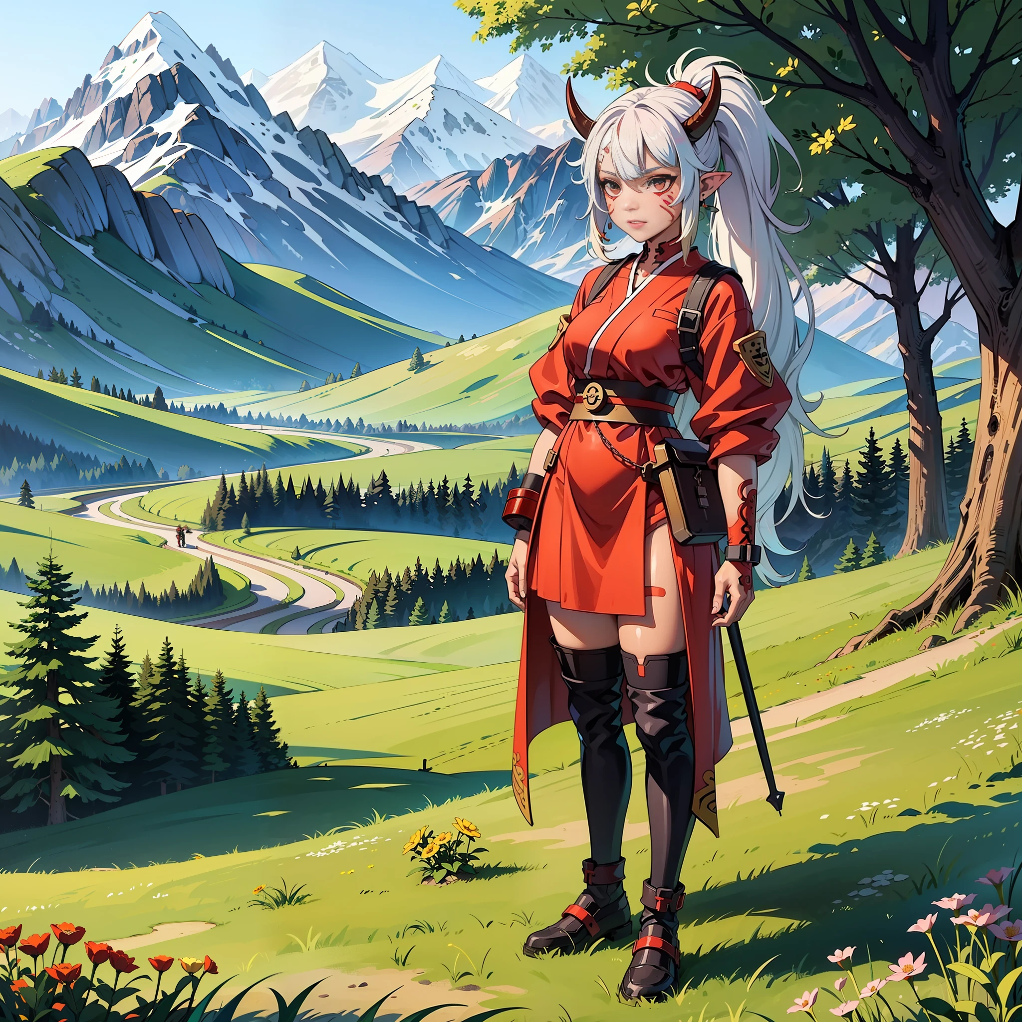 1 girl, (((oni girl))), (((red skin))), horns, white hair, ponytail, (((adventurer outfit))), explorer, researcher, fascinated expression, full body portrait, outside, forest, mountains, butterflies, flowery meadow