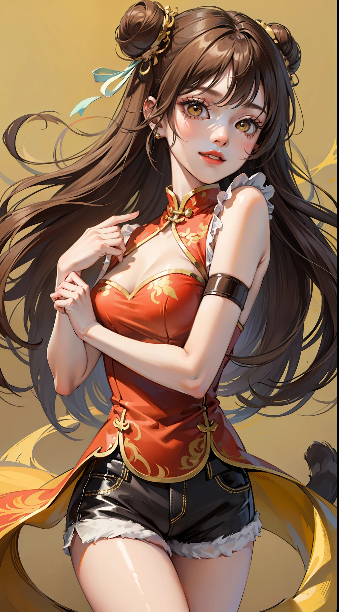 Young girl, brown hair in two buns, yellow eyes, Chinese sleeveless dress, shorts, tiger tail, smile, open chest, masterpiece, high quality