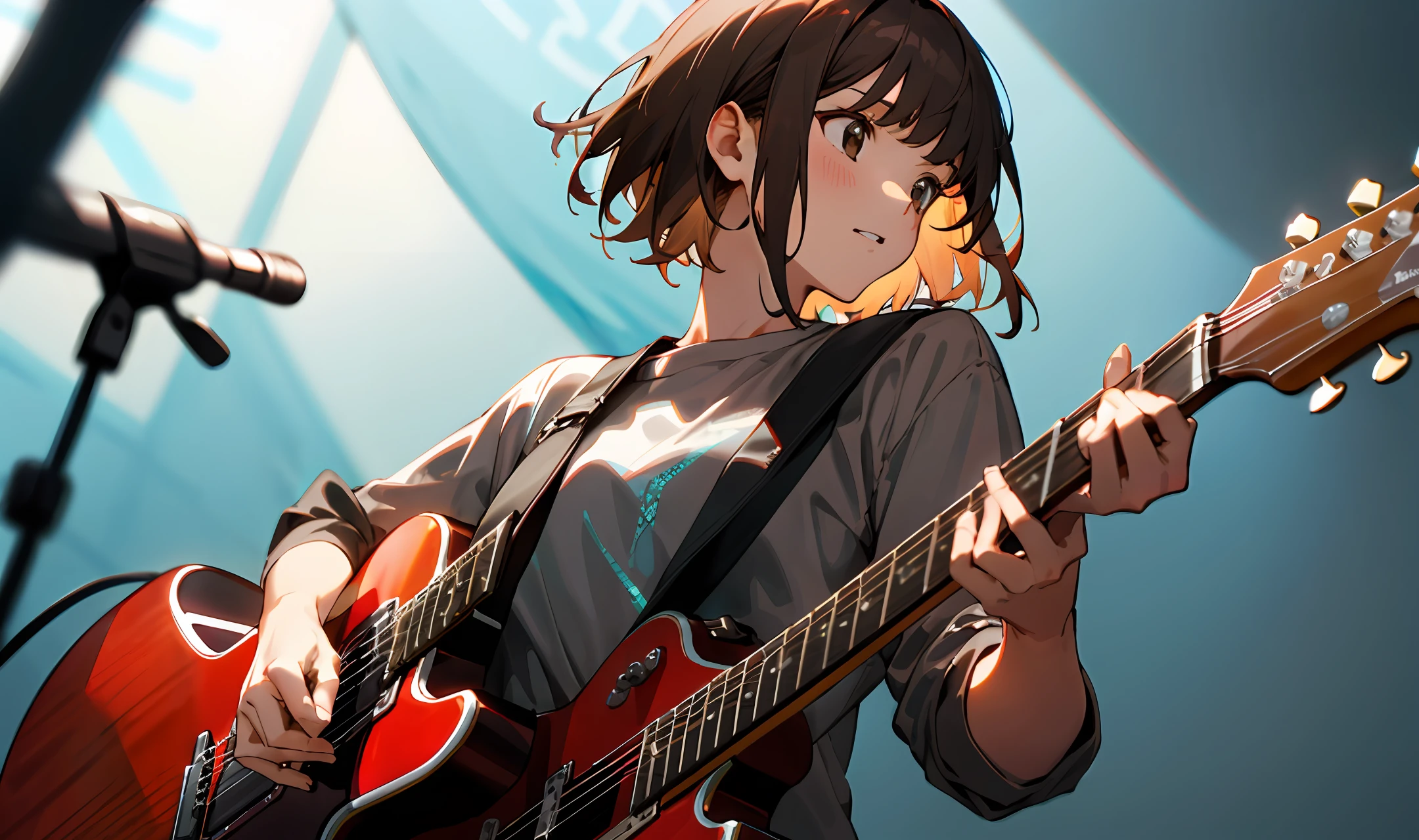 Short brown-haired girl playing guitar