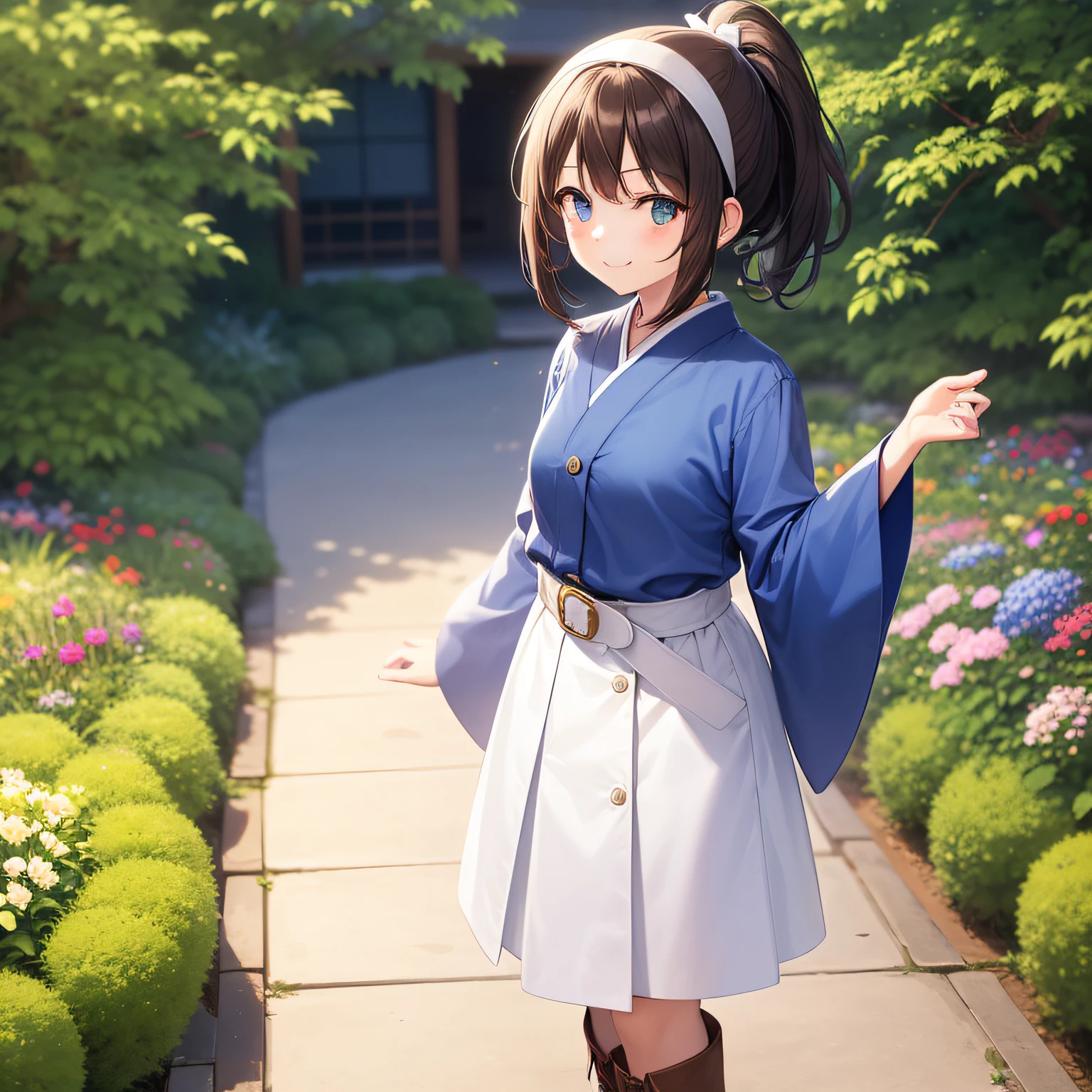 Top quality, very delicate and beautiful, girl, 11 years old, (dark brown hair), blue clothes with vertical buttons, belt at the waist, white skirt, (ponytail)), (white hair band), (brown boots), blue eyes, standing, smiling, background Japan garden and Tanabata