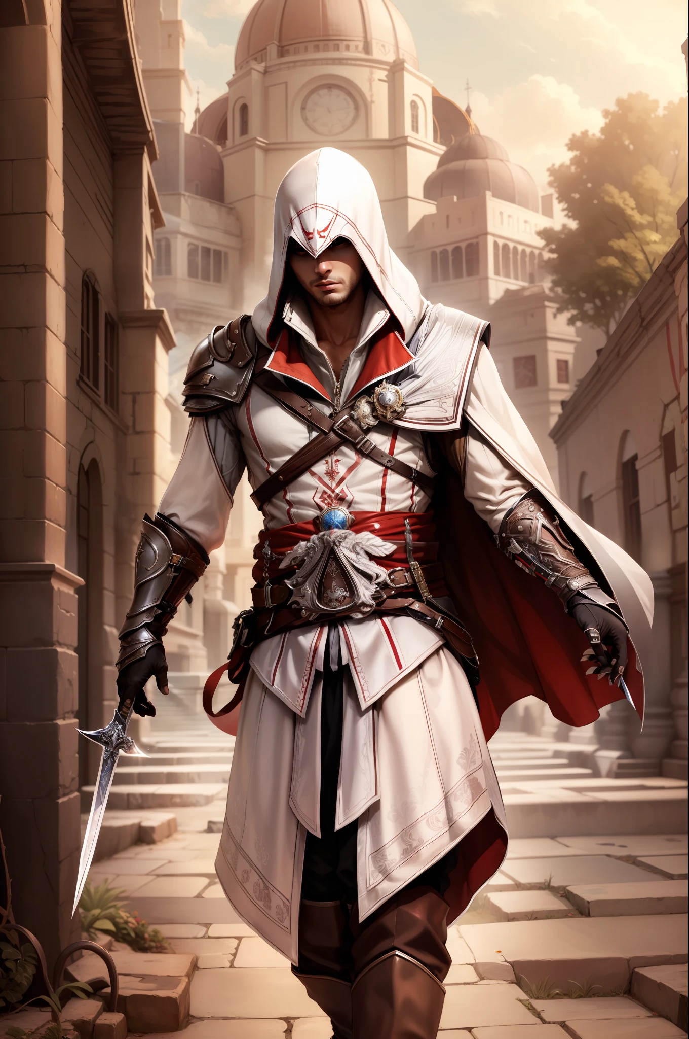 (masterpiece, top quality, best quality, official art, detailed:1.2),ezio_soul3142, solo, gloves, 1boy, weapon, male focus, blade, hood, cape, armor, vambraces