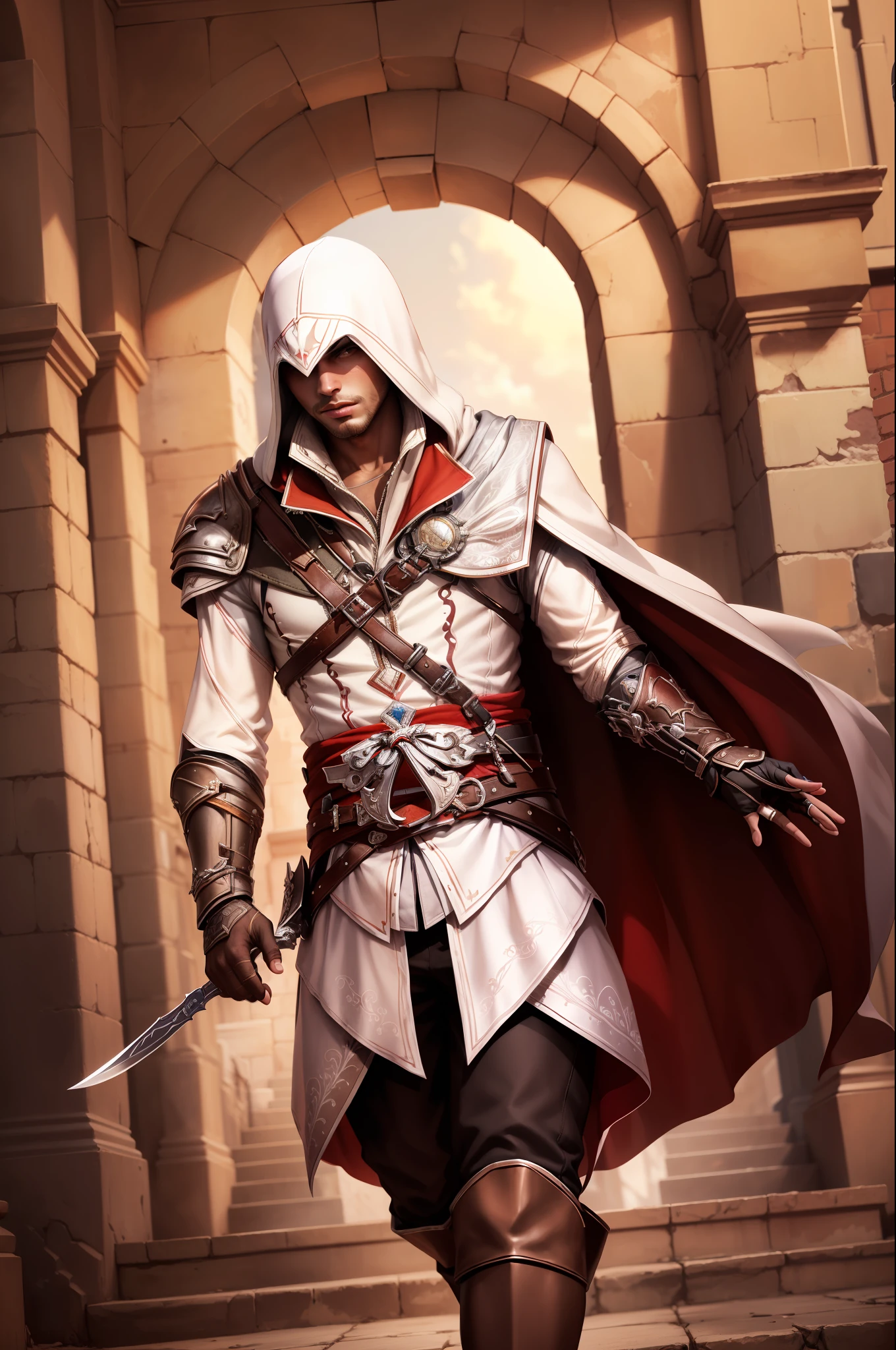 (masterpiece, top quality, best quality, official art, detailed:1.2),ezio_soul3142, solo, gloves, 1boy, weapon, male focus, blade, hood, cape, armor, vambraces