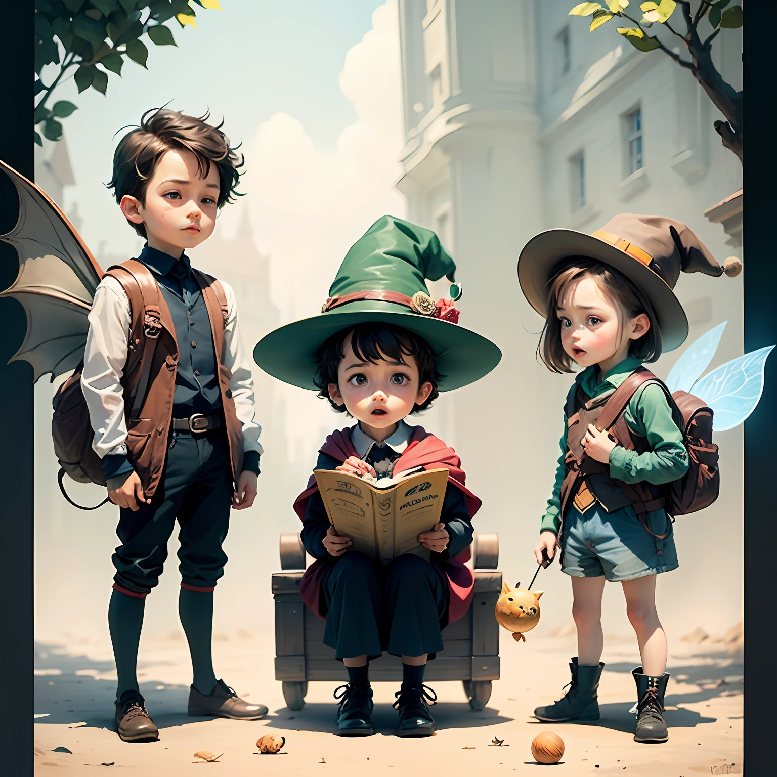 The little wizard fumbled, poses and expressions on white background, children's book illustration style, simple, cute, 6 , colors, short brown hair, smooth color, magician's roller, magician's hat, with spell book, without glasses, without backpack, with two friends a fairy and the little dragon --auto