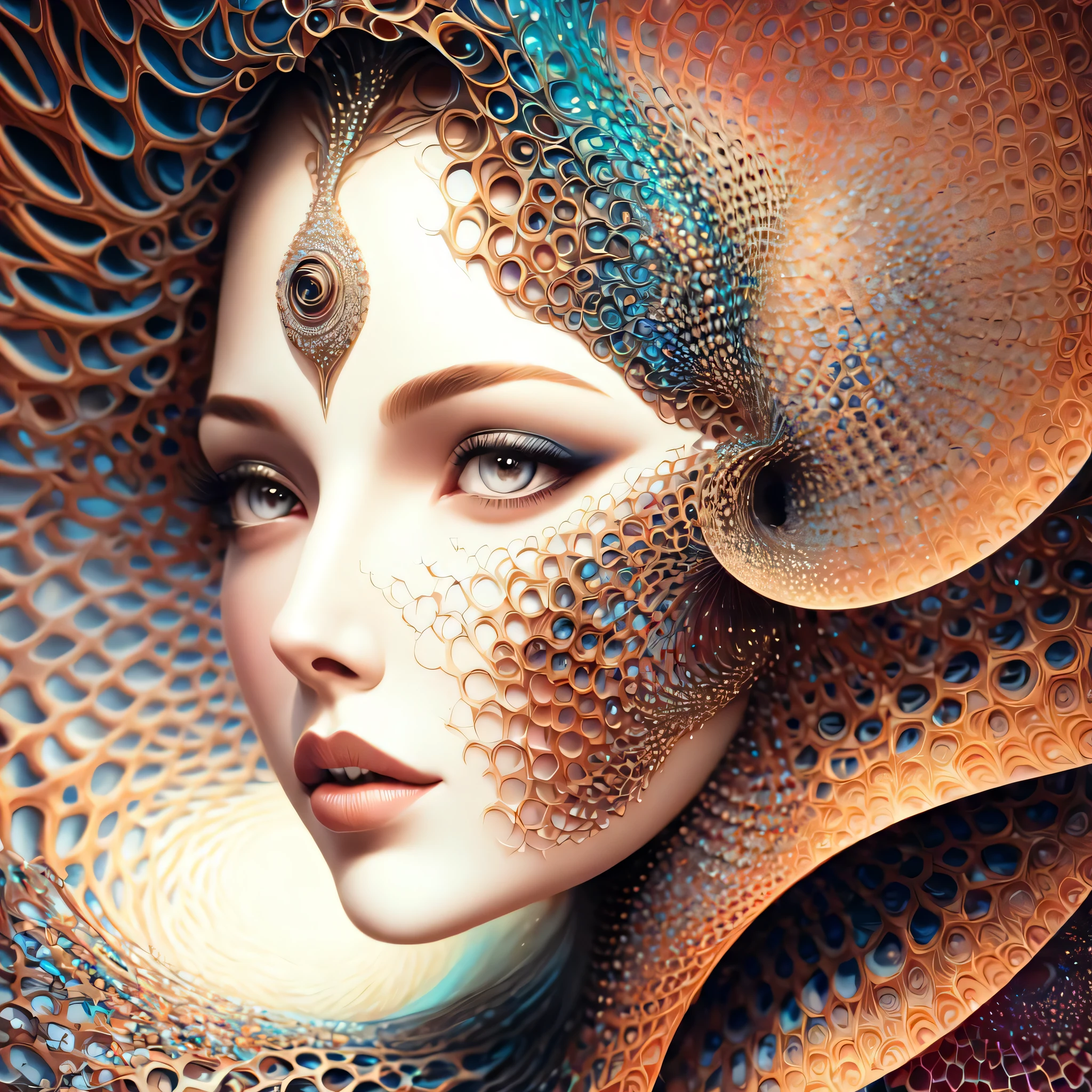 photo (FractalWoman style:1) a close up of a painting of a woman's face
