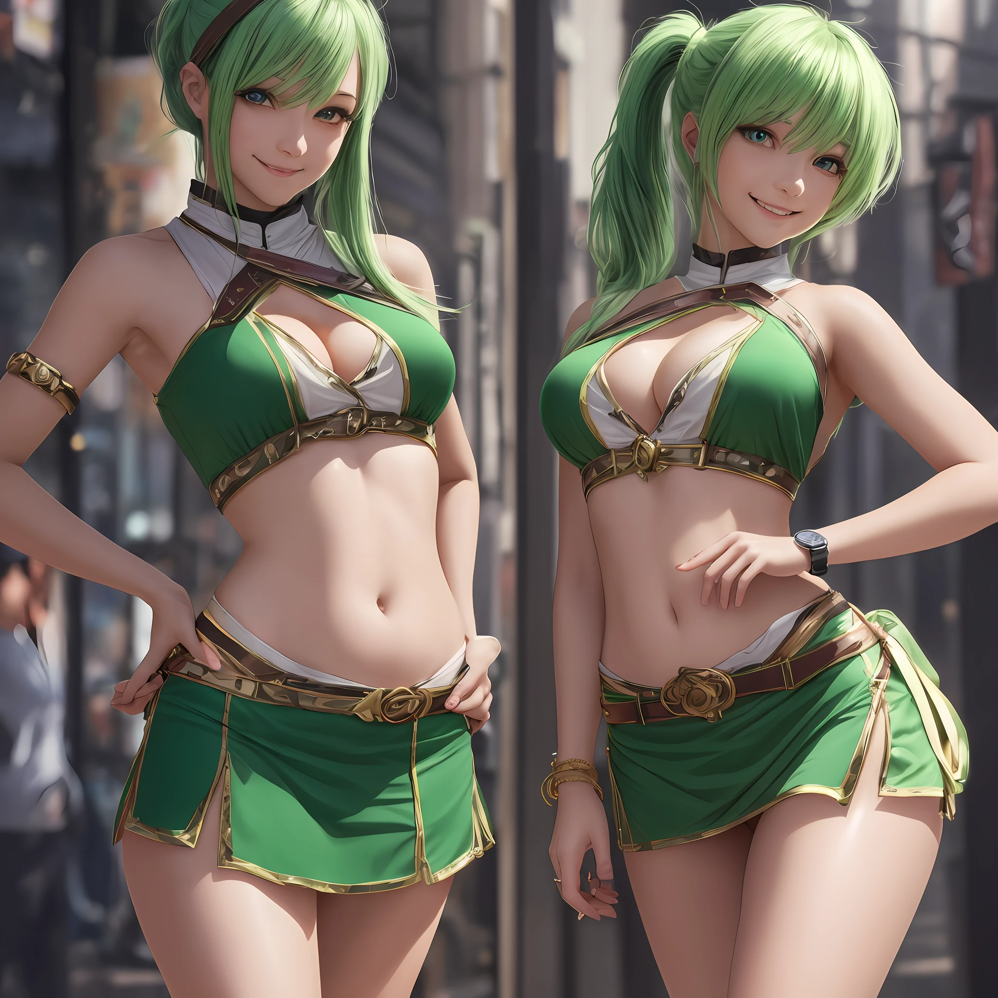Top quality,masterpiece, photo, very delicate and beautiful, highly detailed CG ,unity,8k wallpaper, amazing, real photo,fine detail, official art,highly detailed CG Unity 8k wallpaper,absurdity, huge file size, super detailed, high resolution, beautiful detailed girl, highly detailed eyes and face, real live action, mini skirt, beautiful detailed eyes,(( very shiny separate clothes) ),1 girl,Full body,Full body shot,Watch Viewer,((Light green hair)), Red eyes,((bliss)), Most detailed background, ((Cosplay)), 19 years old, green, shiny, see-through, (smile), ponytail, belly button out, super mini skirt, legs wide left and right, Japan person, thighs, sleeveless, shoulder straps --auto