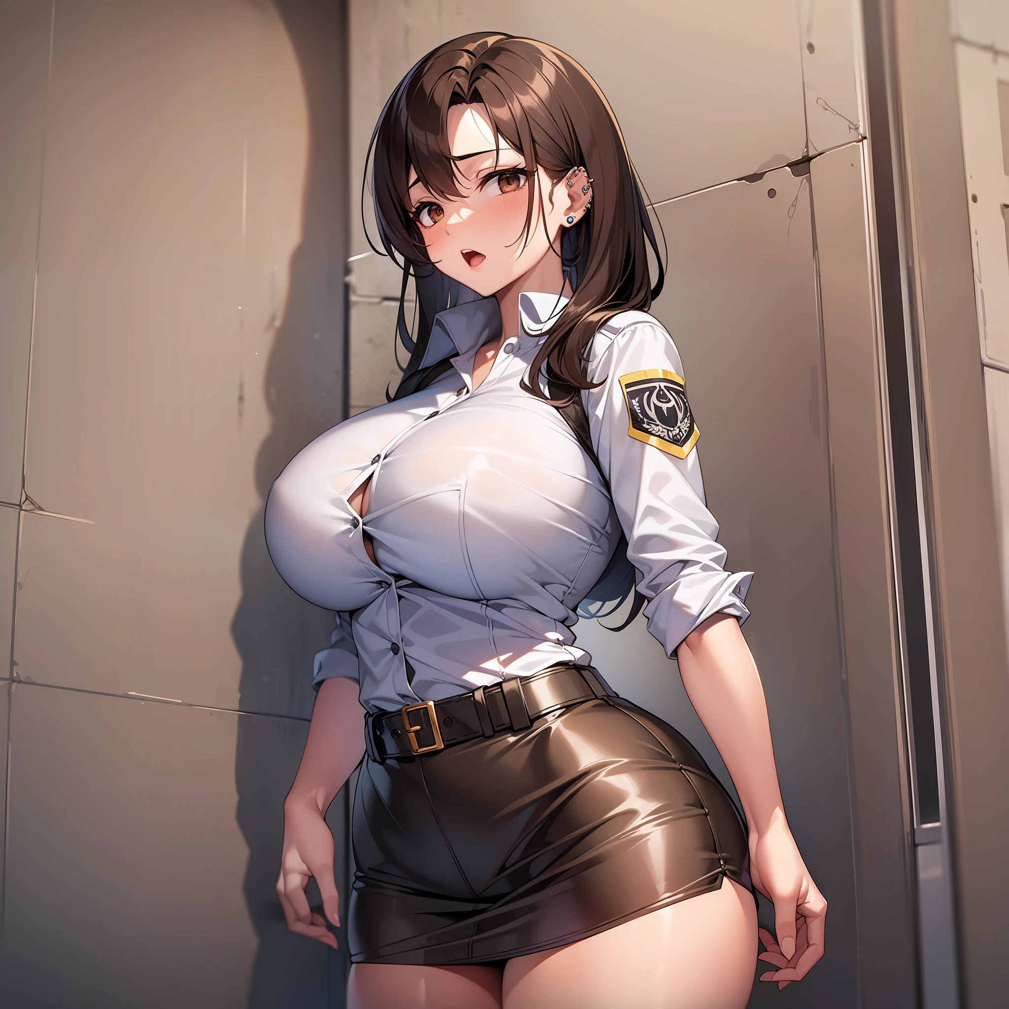 Woman,short cop outfit, tight outfit, hot, big ass, big tits, milf, big brown hair, piercing look,light brown skin, short skirt, looking down, mocking look, prison.