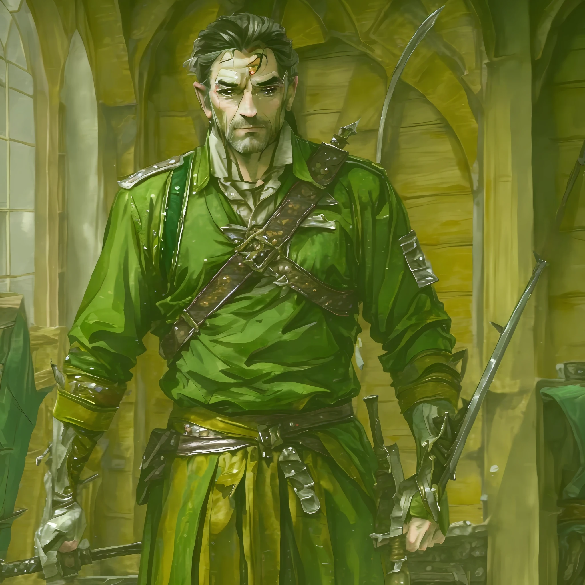 there is a man with a sword and a green shirt, mario as the witcher, dungeons and dragons character, character photography, fantasy character photo, picture of an adult male warrior, sean connery as big boss, arsen lupin as a paladin, by Aleksander Kobzdej, witcher)), as a medieval fantasy character, portrait shot