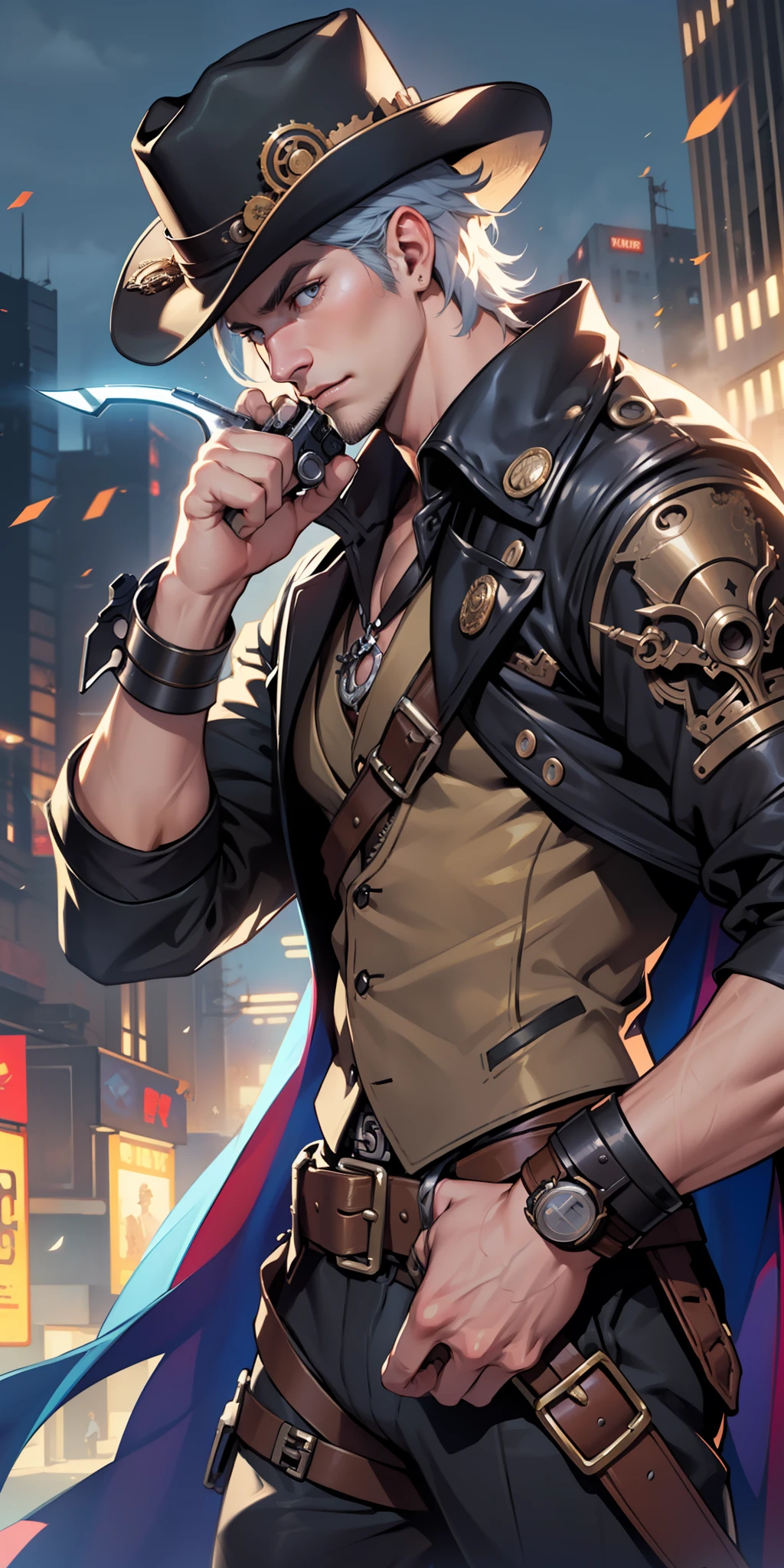 (/ultra resolution 8k/)),most beautiful boy, man manly face, cowboy hat, wind-powered cape, cowboy suit, Steampunk style, cyberpunk,((/shooting with antique revolver in each hand/)), add effect at the end,action pose