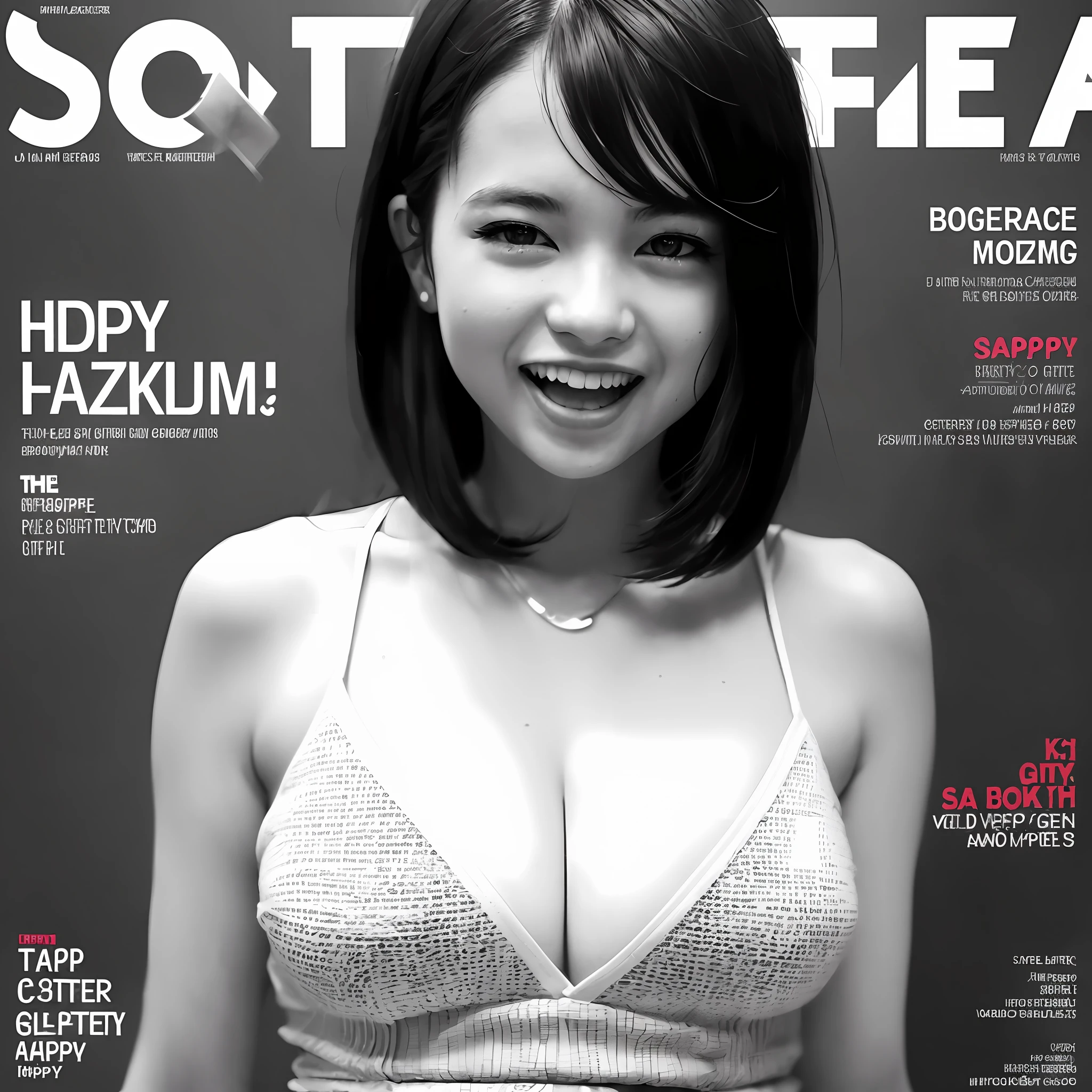 ((((dramatic))), ((gritty))), (((happy))), standing, wearing a cool and stylish outfit, tachi-e sitting, (monochrome:1), white background, fashionable, 
(magazine:1.3), (cover-style:1.3), a girl, black hair, upper body, (huge Laughing:1.1), (open mouth:1.1), (wide open eyes:1.2), bokeh, depth of field, 4k, full, body