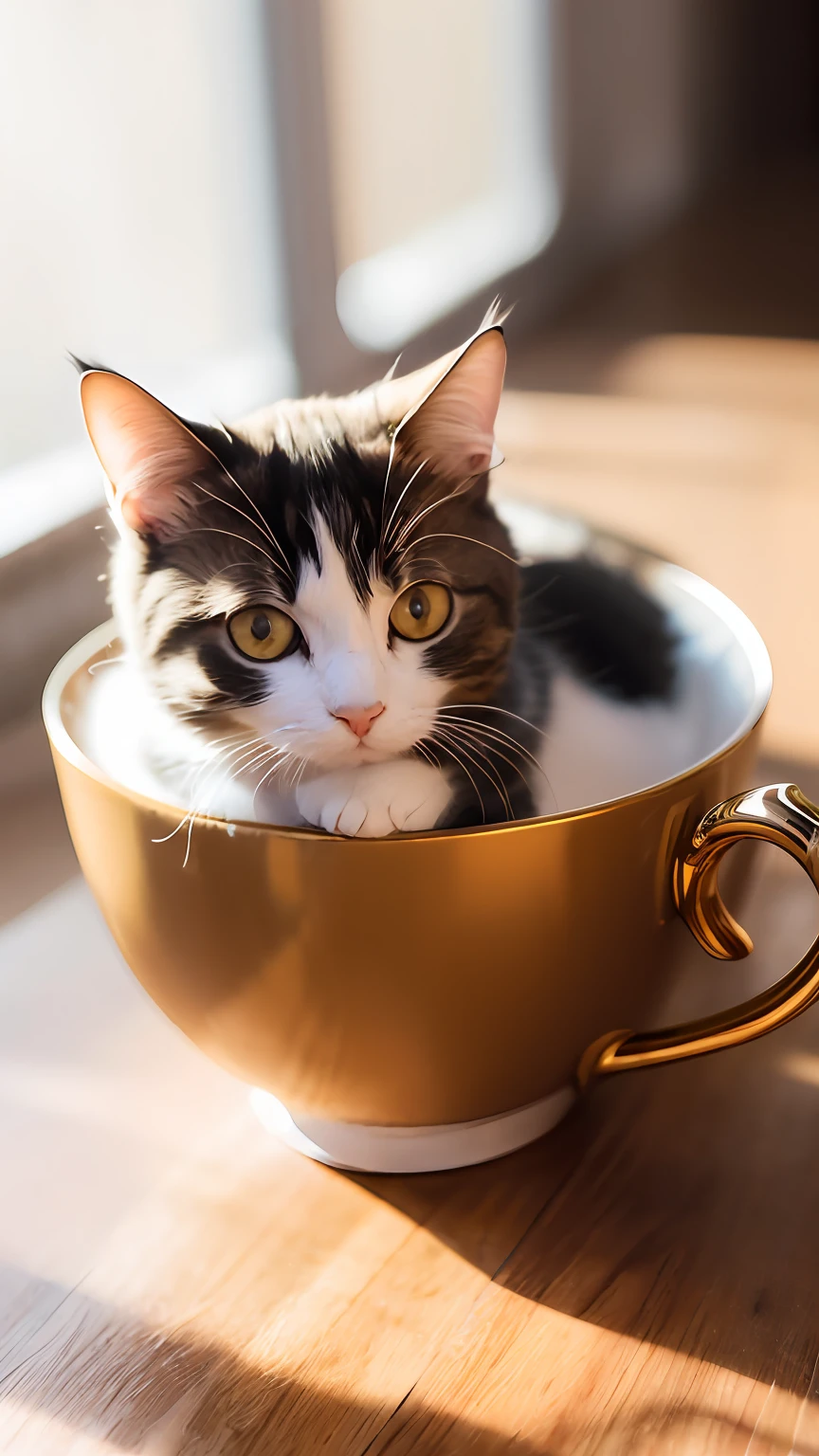 Cat, (Himalayan), (Small)))), in a teacup, Face, Front paws out, 8K, Professional photo, Delicate, Clear, On the table, Inside the house, Sunshine, Light Leak, Masterpiece, ((Pretty))), Fashionable Teacup, (Reality), Plush Toy, Round Pupils