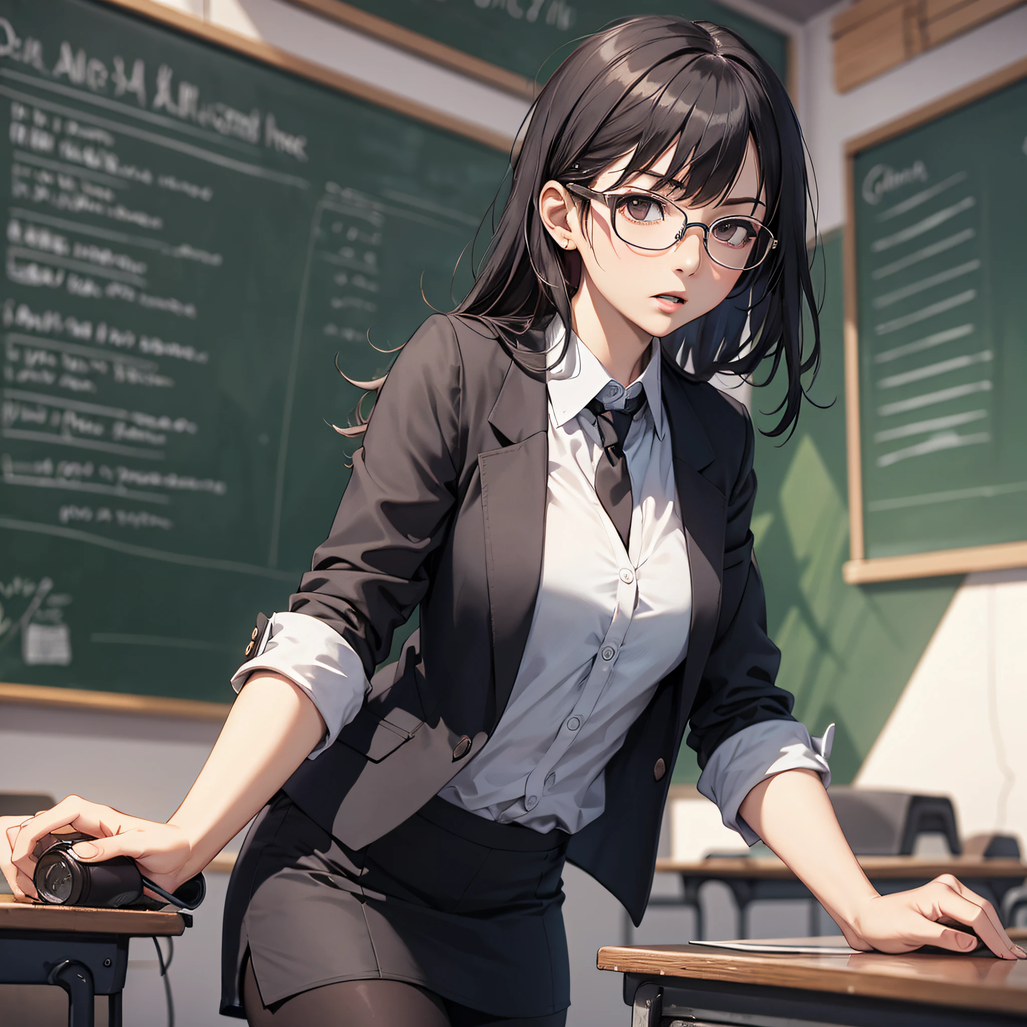 Ridiculous resolution, high resolution, (masterpiece: 1.4), hyper-detail, classroom, female teacher, small black suit, with glasses, lecture, serious expression