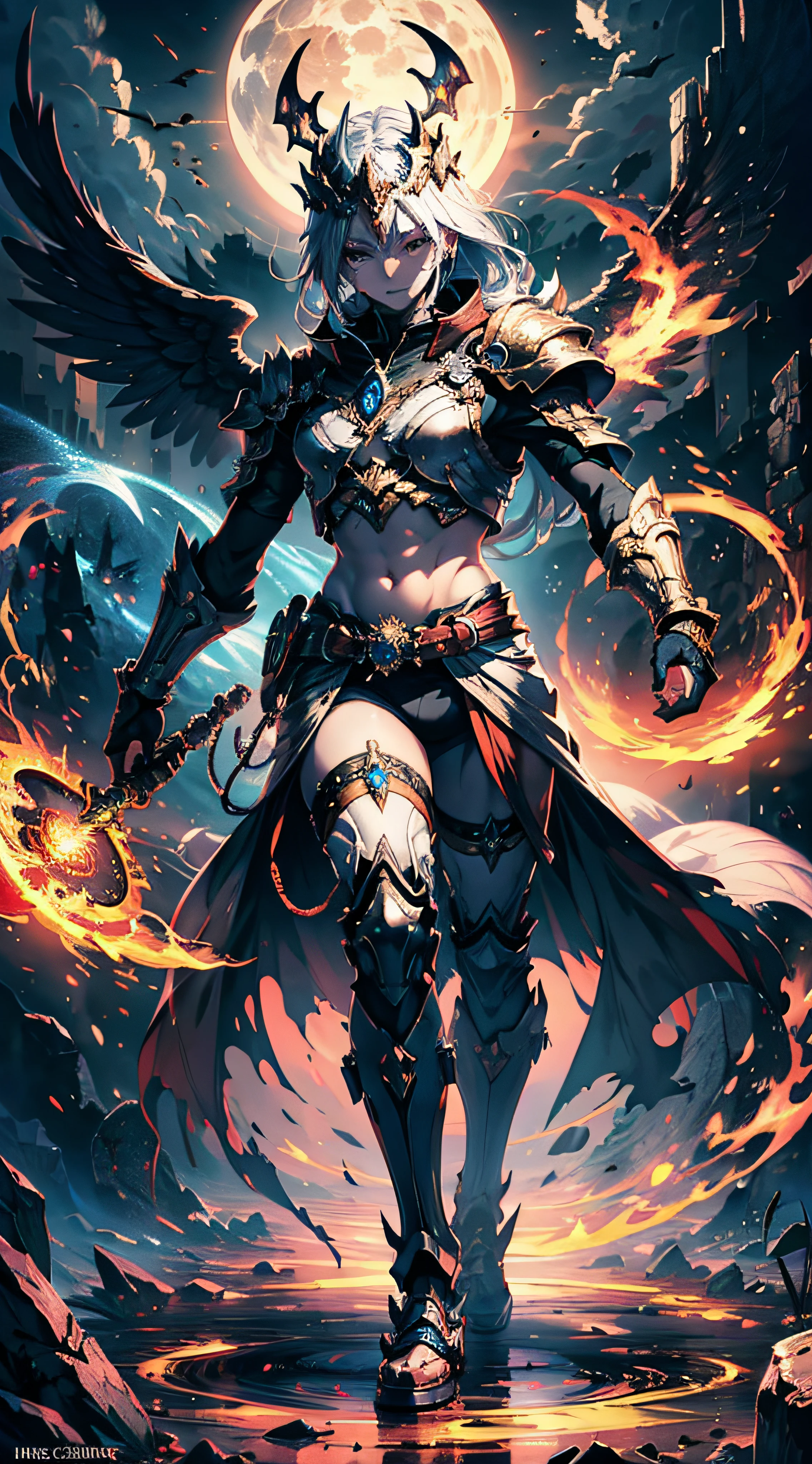 1 demon, emperor of darkness, detailed eyes, detailed face, detailed skin, mature body, tall body, seductive body, whole body, desert BREAK and pyramid bottoms, holding only a holy sun scepter, phoenix dragon in the sky, highly saturating sun rays, holy ceremony, angelic halo, dazzling golden and orange spark around, sacred magic circle, golden crown, golden majestic lightning, best quality, masterpiece, trend in art station, BREAK, detailed, realistic, highly detailed digital art 8k, octane rendering, bioluminescent, concept art resolution BREAK 8K, realism, by studios Mappa, masterpiece, best quality, official art, illustration, ligne claire, (cool_color), perfect composition, absurdists, fantasy, focused, full body in attack pose, night sky with clouds, full moon, 8k,