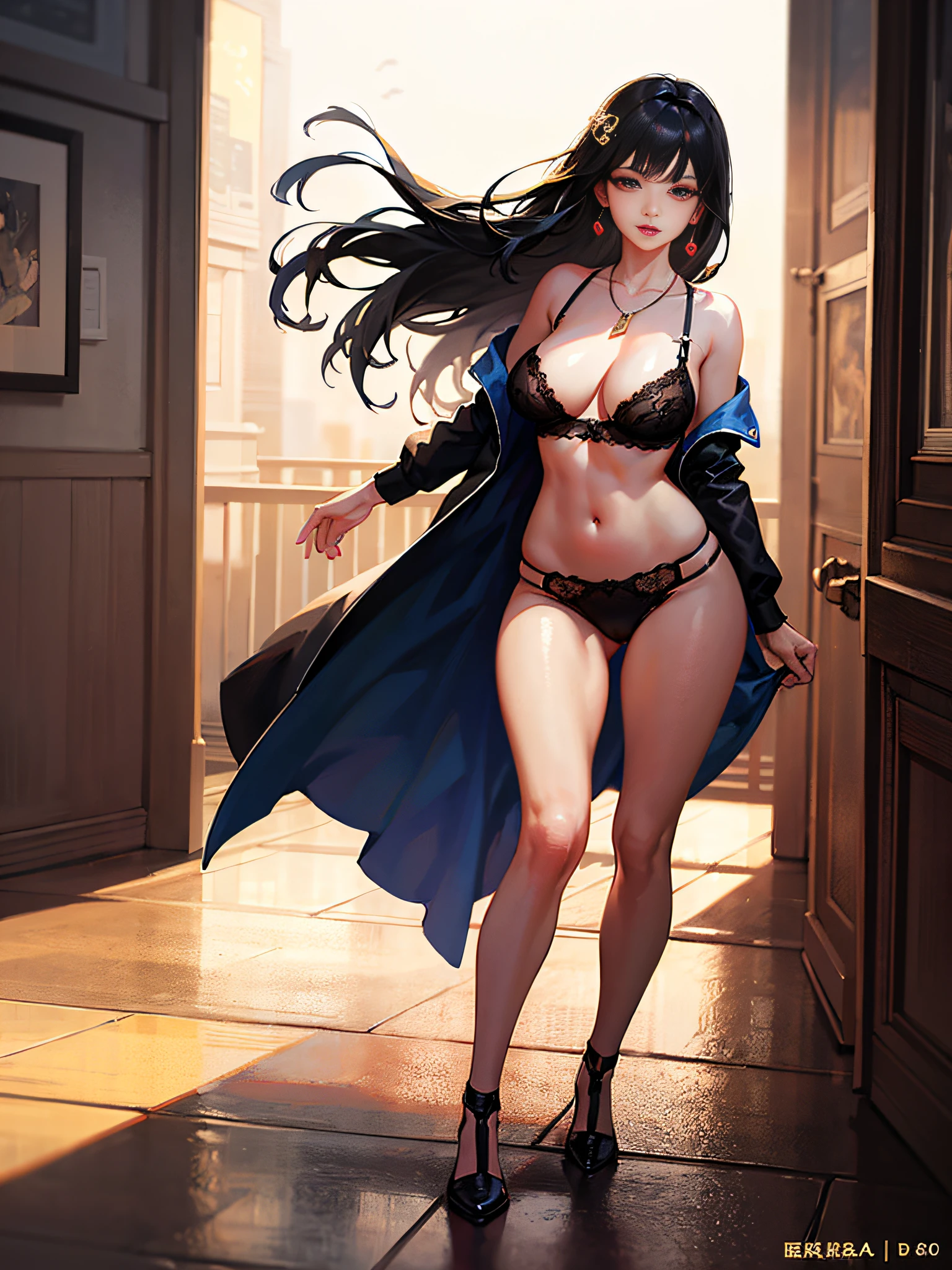 best quality, masterpiece, Beautiful face,1girl, long_hair, whole body, hair ornament, necklace, jewelry, earrings, exquisite facial features, exquisite hair, Seduce your eyes, perfect skin, beautiful lips, Girls aged 20 to 23,young girl,(The body of desire),large breasts, wind,(seductive expression), attractive figure, sexy posture, breasts out, puffy, Beautiful thighs, high-heeled shoes,Chinese style, bangs,(Tongue out),((perfect female figure)),Hands behind your back,(masterpiece:1.0), (best quality:1.4), (ultra highres:1.2),4K quality, (delicate illustration:1.4),(8k, RAW photo:1.2),soft focus,(sharp focus:1.4), vibrant colors,high quality, high contrast,gorgeous light and shadow,(best quality),(Japanese:0.5),(korean:0.8), (Liu Yi Fei:1.5), (nipple slip:0.5), (lingerie:1.2), photo realistic, upon_body, tyndall effect, photorealistic, dark studio, rim lighting, two tone lighting, (high detailed skin:1.2), 8k uhd, dslr, soft lighting, high quality, volumetric lighting, candid, Photograph, high resolution, 4k, 8k, Bokeh, (nipple slipped:1.4)