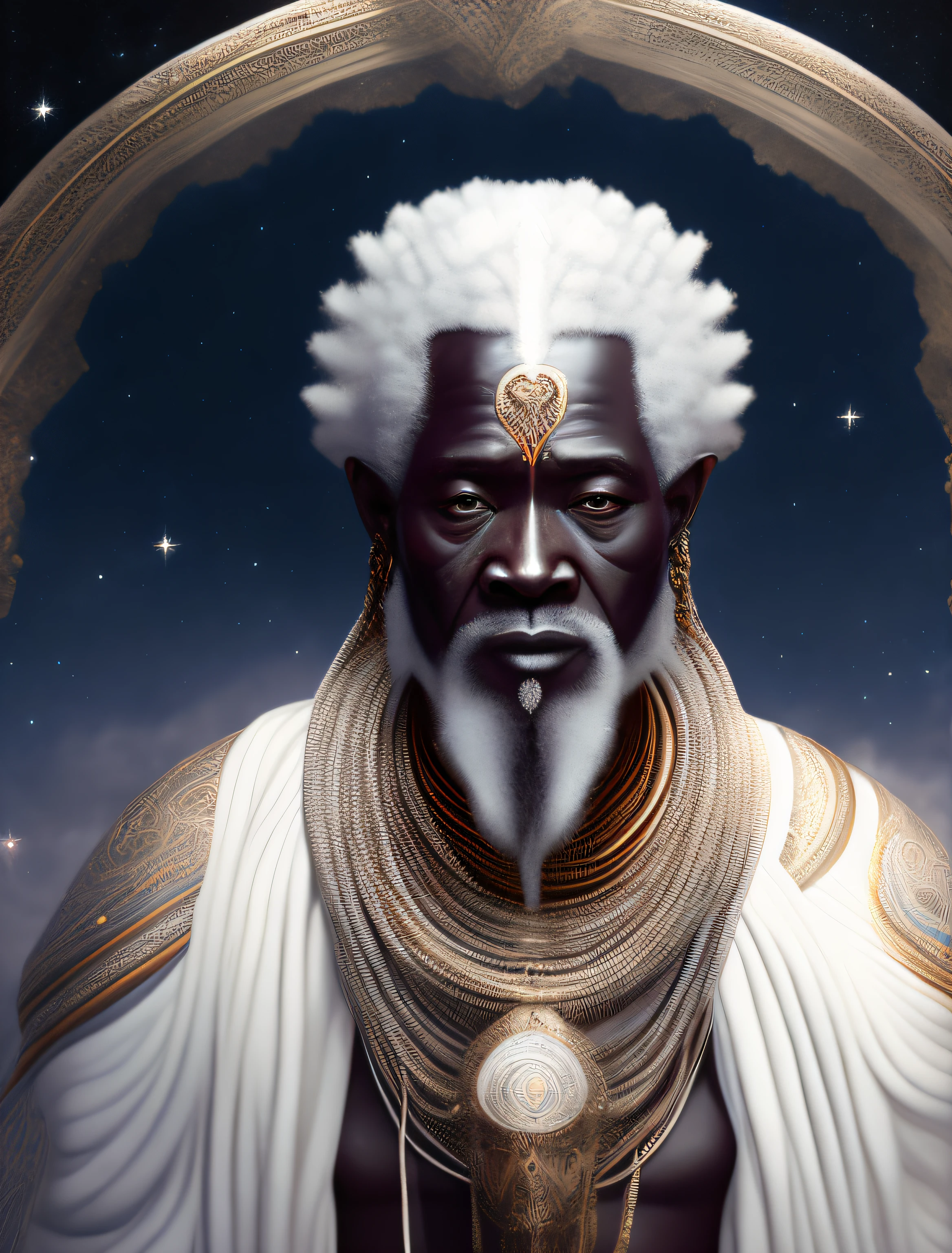 OXALÁ, the African orisha god, THE FATHER OF ALL wearing a detailed and intricate ade, god of CREATION, lord, white hair, white clothes, look of compassion, serene, cosmic god, astrophotography