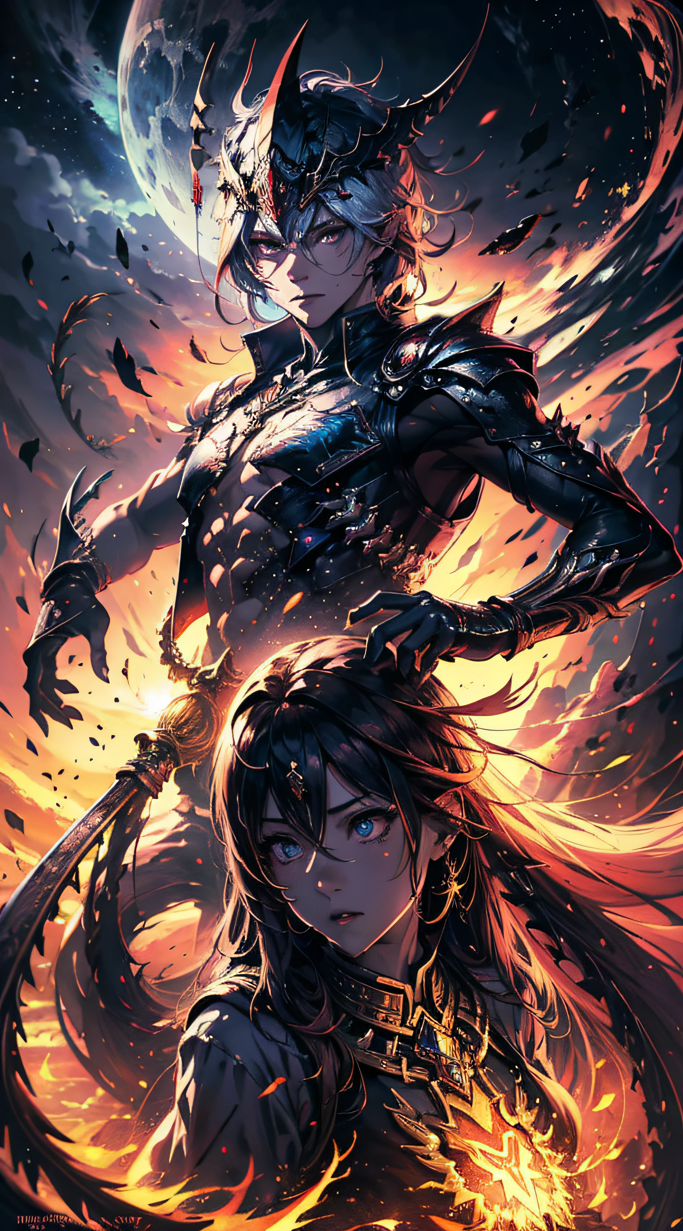 1 demon, emperor of darkness, detailed eyes, detailed face, detailed skin, mature body, tall body, seductive body, whole body, desert BREAK and pyramid bottoms, holding only a holy sun scepter, phoenix dragon in the sky, highly saturating sun rays, holy ceremony, angelic halo, dazzling golden and orange spark around, sacred magic circle, golden crown,  golden majestic lightning, best quality, masterpiece, trend in art station, BREAK, detailed, realistic, highly detailed digital art 8k, octane rendering, bioluminescent, concept art resolution BREAK 8K, realism, by studios Mappa, masterpiece, best quality, official art, illustration, ligne claire, (cool_color), perfect composition, absurdists, fantasy, focused, full body in attack pose, night sky with clouds,  full moon, 8k,