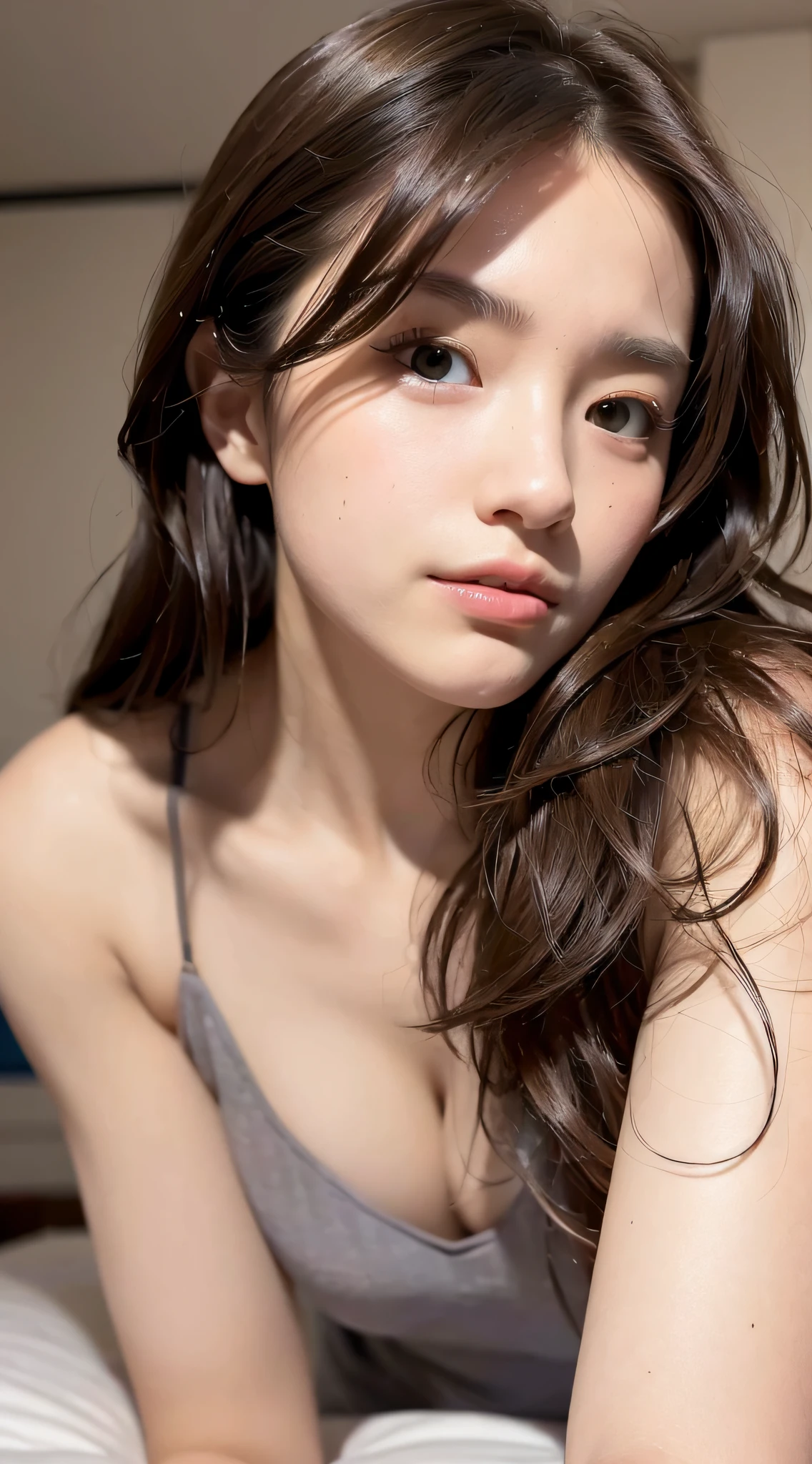 Sleeping in bed, legs spread pose, mix4, (8K, RAW photo, top quality, masterpiece: 1.2), (realistic, photorealistic: 1.37), 1 girl, cute, professional lighting, photon mapping, radiosity, physically based rendering, gradient brunette hair, short curly, handsome, girly, white ball set, excellent image quality, high resolution, 1080p, (Clear Face), (Detailed Face Description), (Detailed Hand Description), (Masterpiece), (Exquisite CG), Extreme Light and Shadow, disheveled Hair, Masterpiece, Rich Detail, (Exquisite Facial Features), (Best Image Quality), (Masterpiece), (Eye for Detail), Looking Eyes, Delicate Clavicle