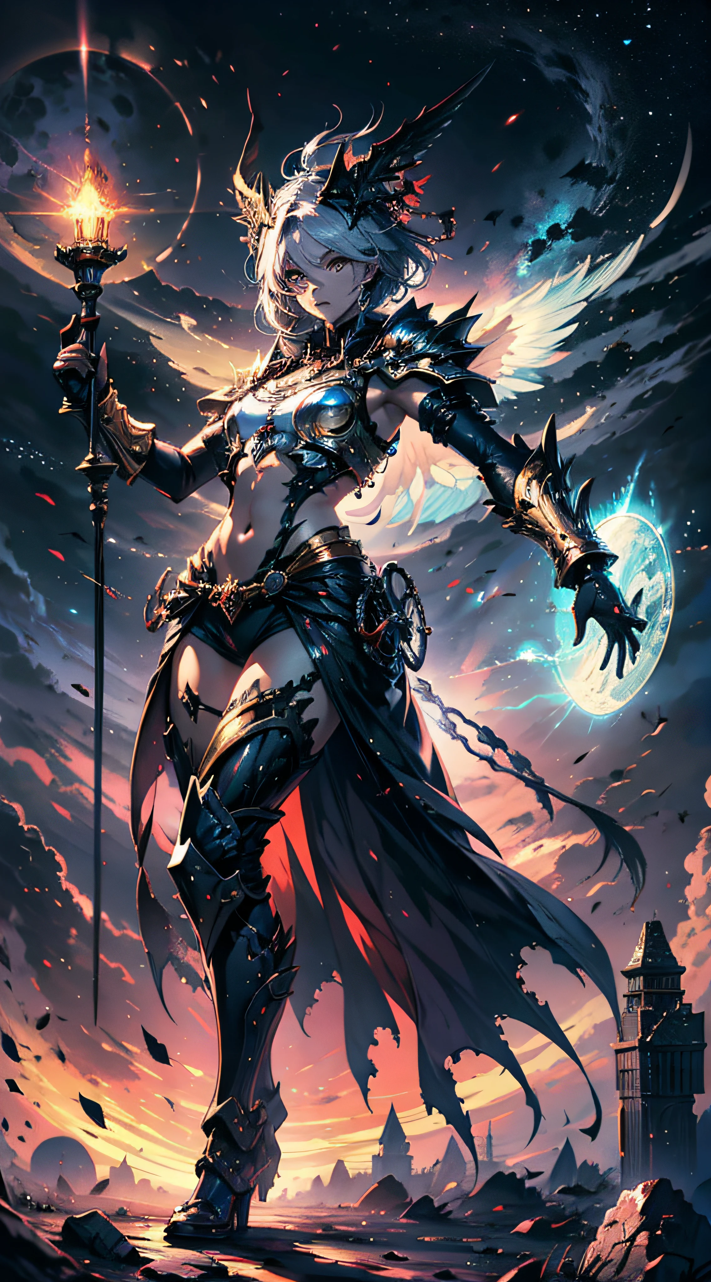 1 demon, emperor of darkness, detailed eyes, detailed face, detailed skin, mature body, tall body, seductive body, whole body, desert BREAK and pyramid bottoms, holding only a holy sun scepter, phoenix dragon in the sky, highly saturating sun rays, holy ceremony, angelic halo, dazzling golden and orange spark around, sacred magic circle, golden crown, golden majestic lightning, best quality, masterpiece, trend in art station, BREAK, detailed, realistic, highly detailed digital art 8k, octane rendering, bioluminescent, concept art resolution BREAK 8K, realism, by studios Mappa, masterpiece, best quality, official art, illustration, ligne claire, (cool_color), perfect composition, absurdists, fantasy, focused, full body in attack pose, night sky with clouds, full moon, 8k,