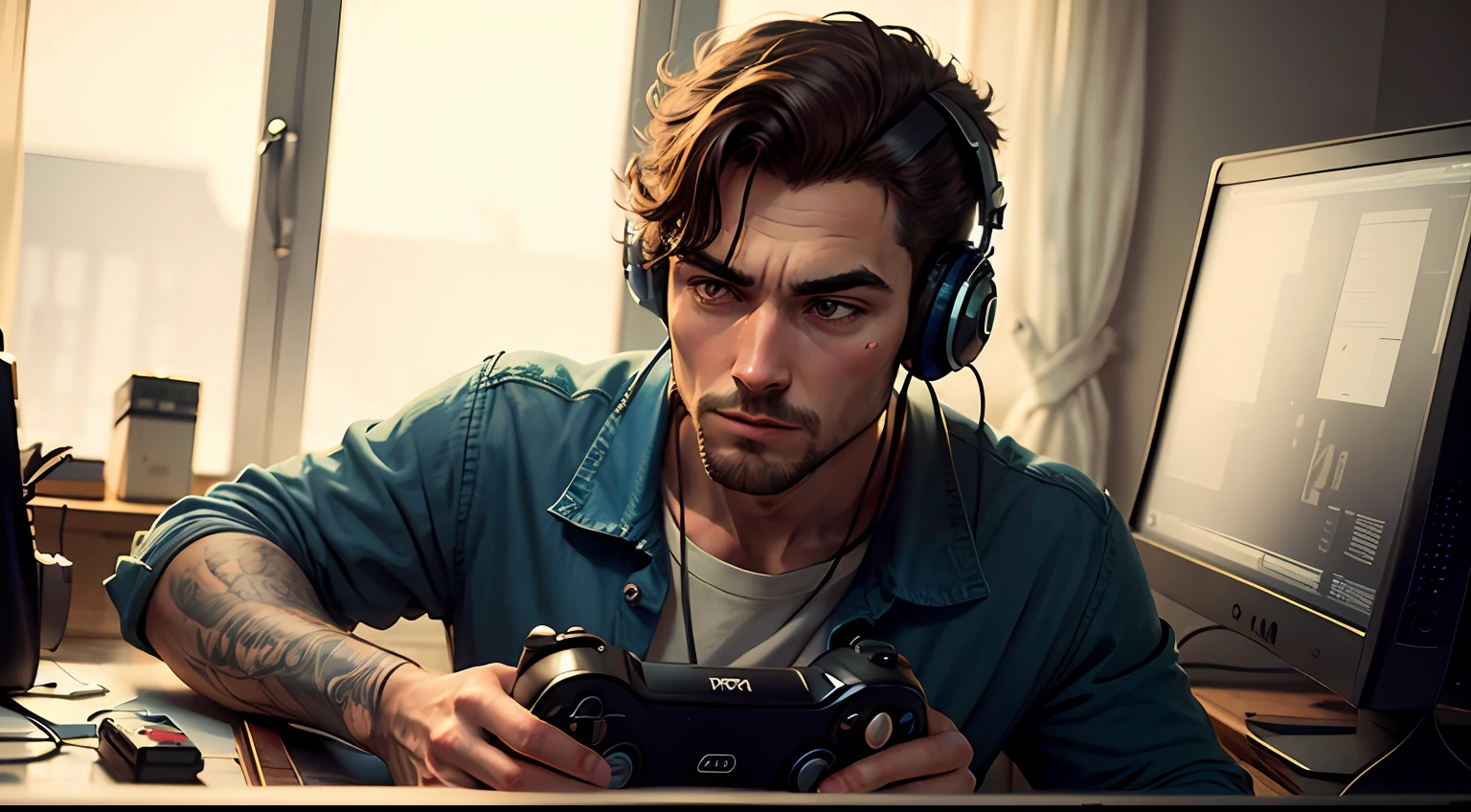 illustration, vintage style, gamer, man --auto