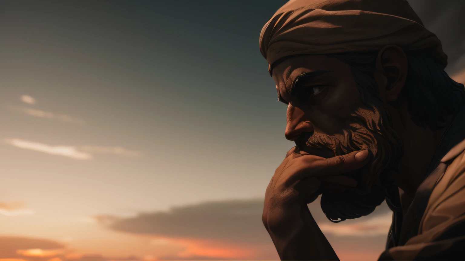 A closeup of a statue of a man with a beard, thinker, philosopher, thoughtful pose, thoughtful, deep in thought, realistic epic, portrait of, james gilleard, of joe fenton, of kaethe butcher, yellow gradient, black, brown and magenta color scheme, grunge aesthetic!! soft cinematic light, adobe lightroom, photo lab, hdr, intricate, highly detailed, (depth of field: 1.4), faded, (neutral colors: 1.2), (hdr: 1.4) , (soft colors:1.2), hyperdetailed, (artstation:1.4), cinematic, warm lights, dramatic light, (intricate details:1.1), complex background, (rutkowski:0.66), (blue and orange:0.4)