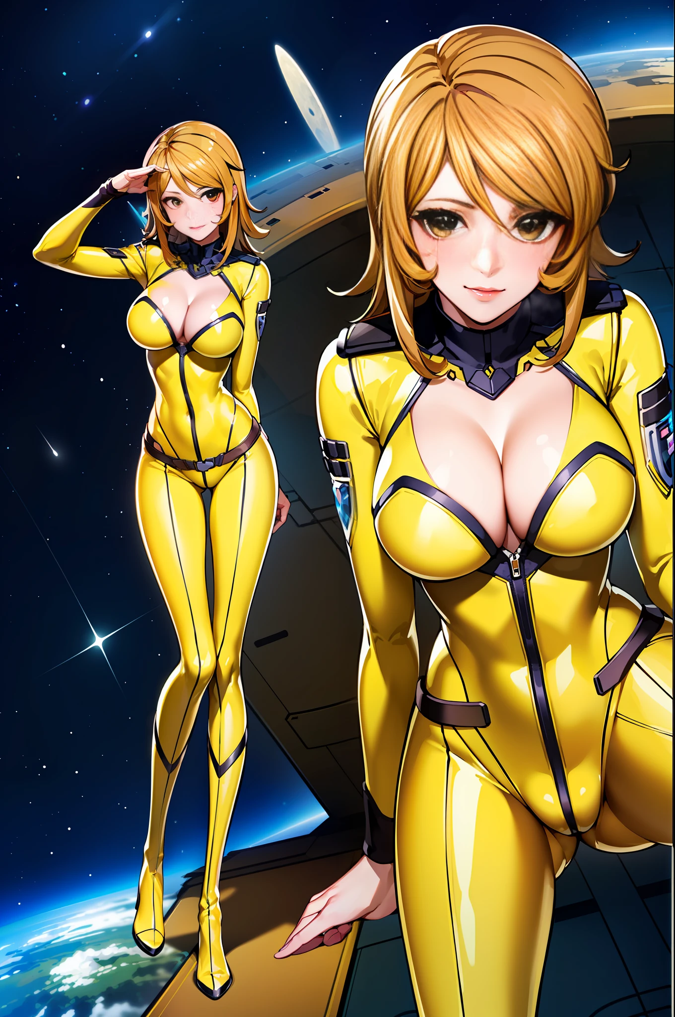 8K, 1girl, spaceship, bodysuit, cleavage, night, galaxy, space, huge breasts, ((arms behind the head)), watch the viewer, , solo focus, (masterpiece: 1.4), (best quality: 1.4), (shiny skin), steamed body, (((M-shaped open legs)), (high leg)), (bare feet)))), (yellow knee-length enamel pin heel boots))), (squatting on the ground)), ( (((crotch wide open left and right))), (((face the front of the body to the viewer)))), ((crotch wide open left and right for the viewer))),