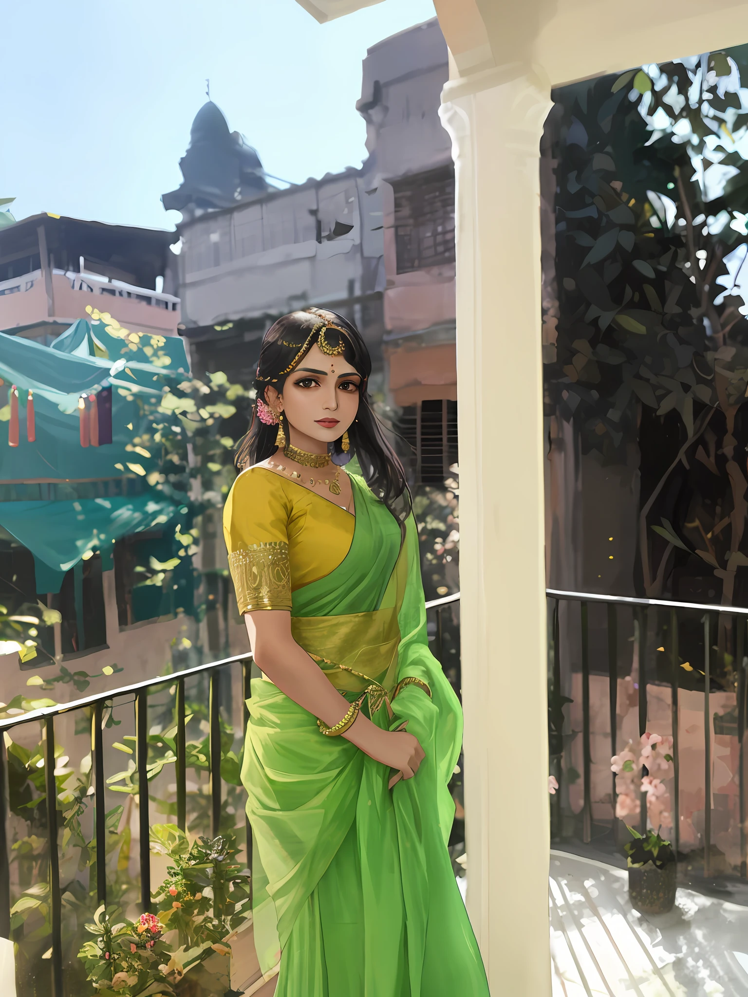 araffe woman in a green sari standing on a balcony, wearing bihu dress mekhela sador, dressed in a sari, traditional beauty, assamese aesthetic, wearing a sari, wearing sari, looking from side, wearing elaborate green and gold, on a bright day, with lovely look, with beautiful colors, taken with sony alpha 9