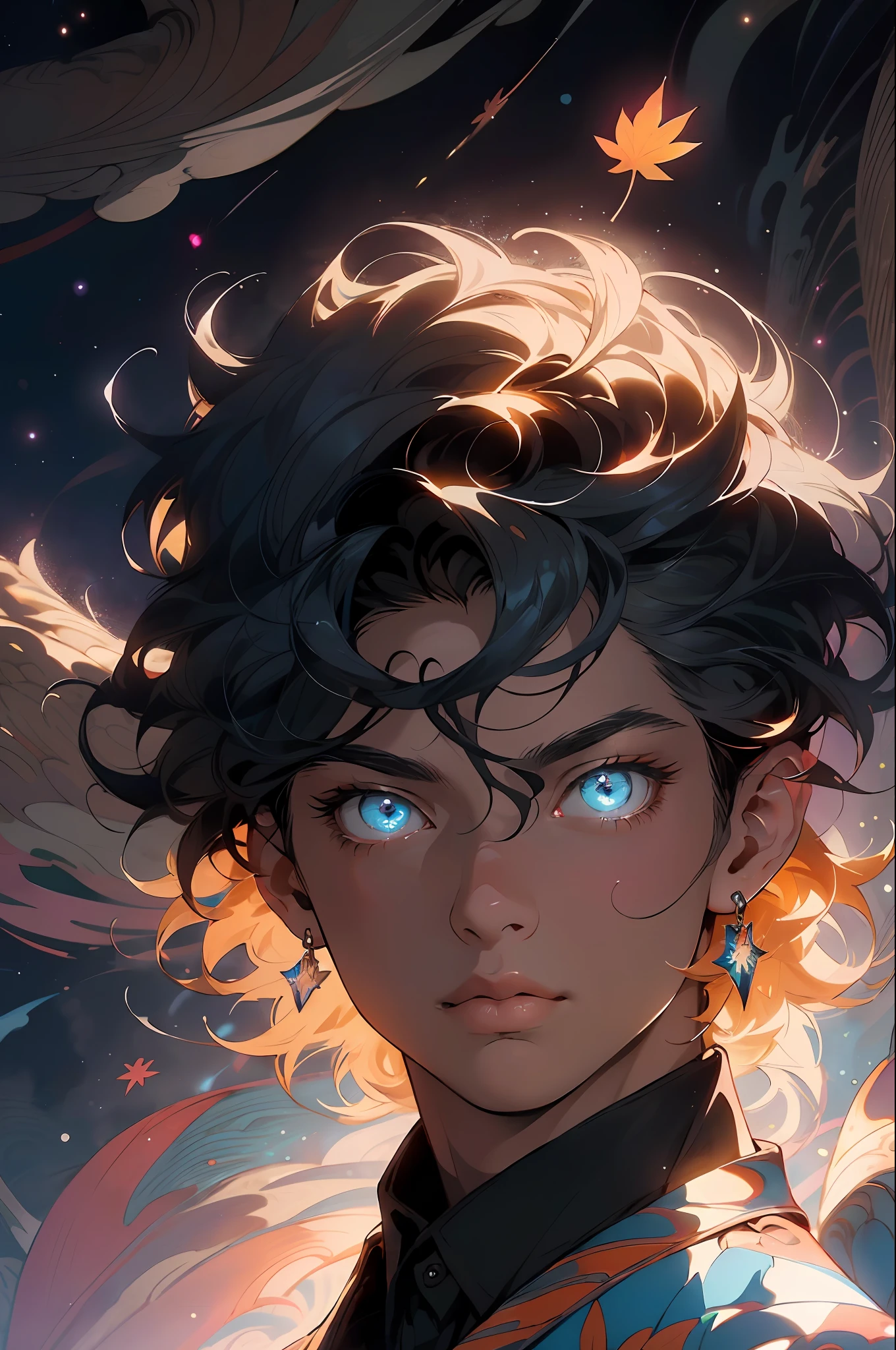 Realistic, (Masterpiece, Top Quality, Best Quality, Official Art, Beauty and Aesthetics: 1.2), Very Detailed, Fractal Art, Colorful, Most Detailed, Zentangle, (Abstract Background: 1.5) (1boy: 1.3), God, Black Hair, Short Hair, (Glowing Blue Eyes), Mysterious, Starry Sky, Handsome Man, (((Maple Leaf))))