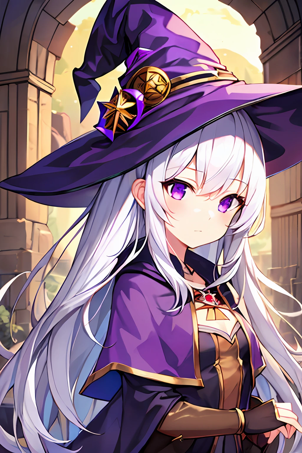 masterpiece,best quality,ultra-detailed,1girl,tiny girl,cute,white hair,long hair,purple eyes,(witch:1.4),ruins