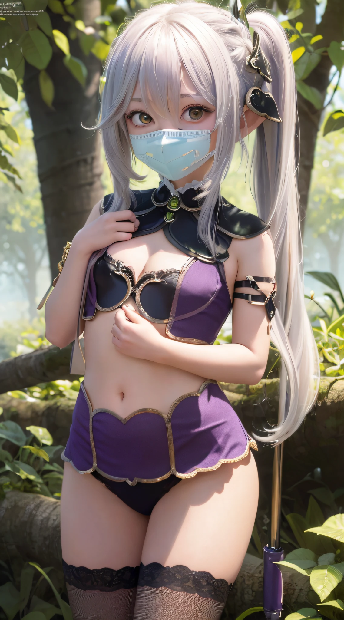 4K wallpaper, best anime poster, 1girl, face, mask, face shield, cute, grass, magic broom, fair skin, chest close-up, purple clothes, magic hat, purple stockings, thighs, strangle, charming eyes, seductive anime girl, exquisite details