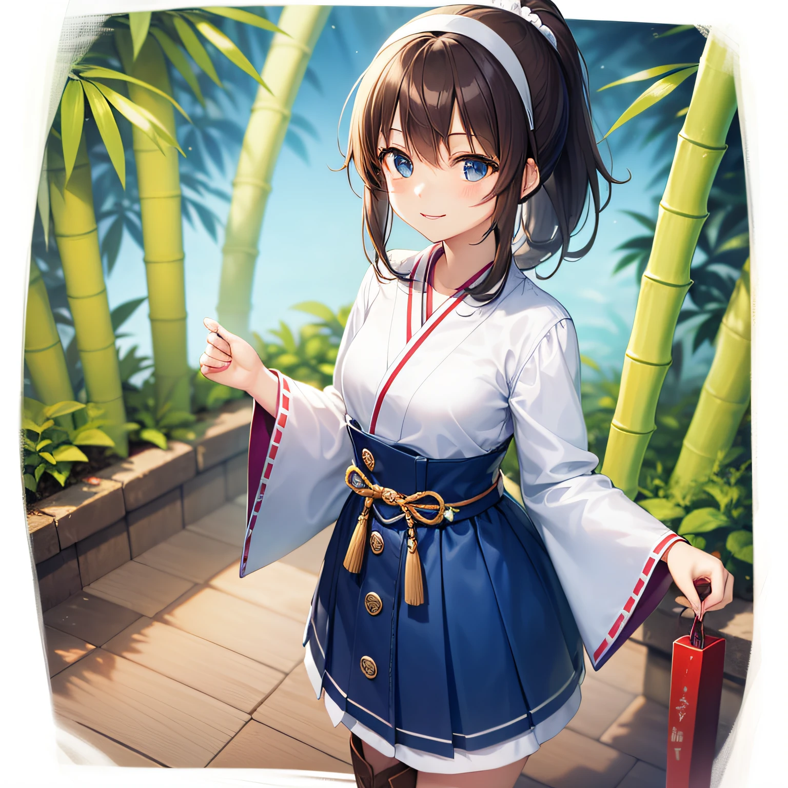 Top quality, very delicate and beautiful, girl, 11 years old, (dark brown hair), blue clothes with vertical buttons, belt at the waist, white skirt, (ponytail)), (white hair band), (brown boots), blue eyes, standing, smiling, background is Japan garden and bamboo and tanabata
