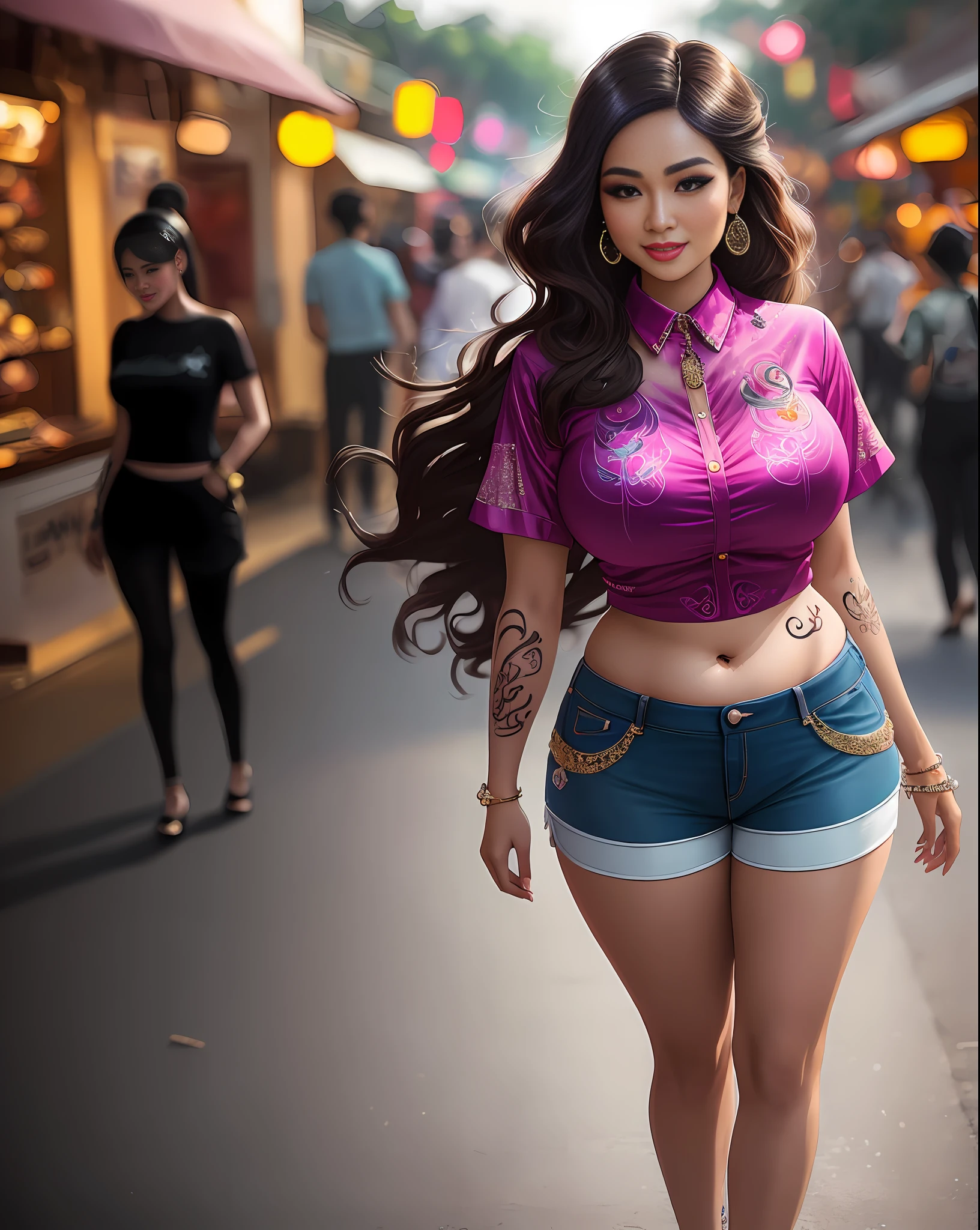 (masterpiece photography of a solo:1.2) alluring sexy curvy (27 yr old) Indonesian Supermodel Wina Dana Riniy warrier walking in style on Tangerang street, curvy, voluptuous, busty, thick, big breast, sexy, exotics, (wearing Blingy jewel encrusted shirt & embroidered shorts:1.3). hip hop energy, maximalism, (heavily tattooed:1.3), (indonesian makeup & jewelry:1.2) long brown wavy hair with highlights,, vivacious, lustful glance, exhilarated (beautiful detailed eyes:1.1) , (flirty bright smile:1.2), blingy shopping district,(intense dramatic light:1.4), backlit, light rays, highly detailed, trending on artstation, paint splashes, rich colour, dazzling lights all around, (perfect wavy hairstyles), abstract portrait, by Atey Ghailan