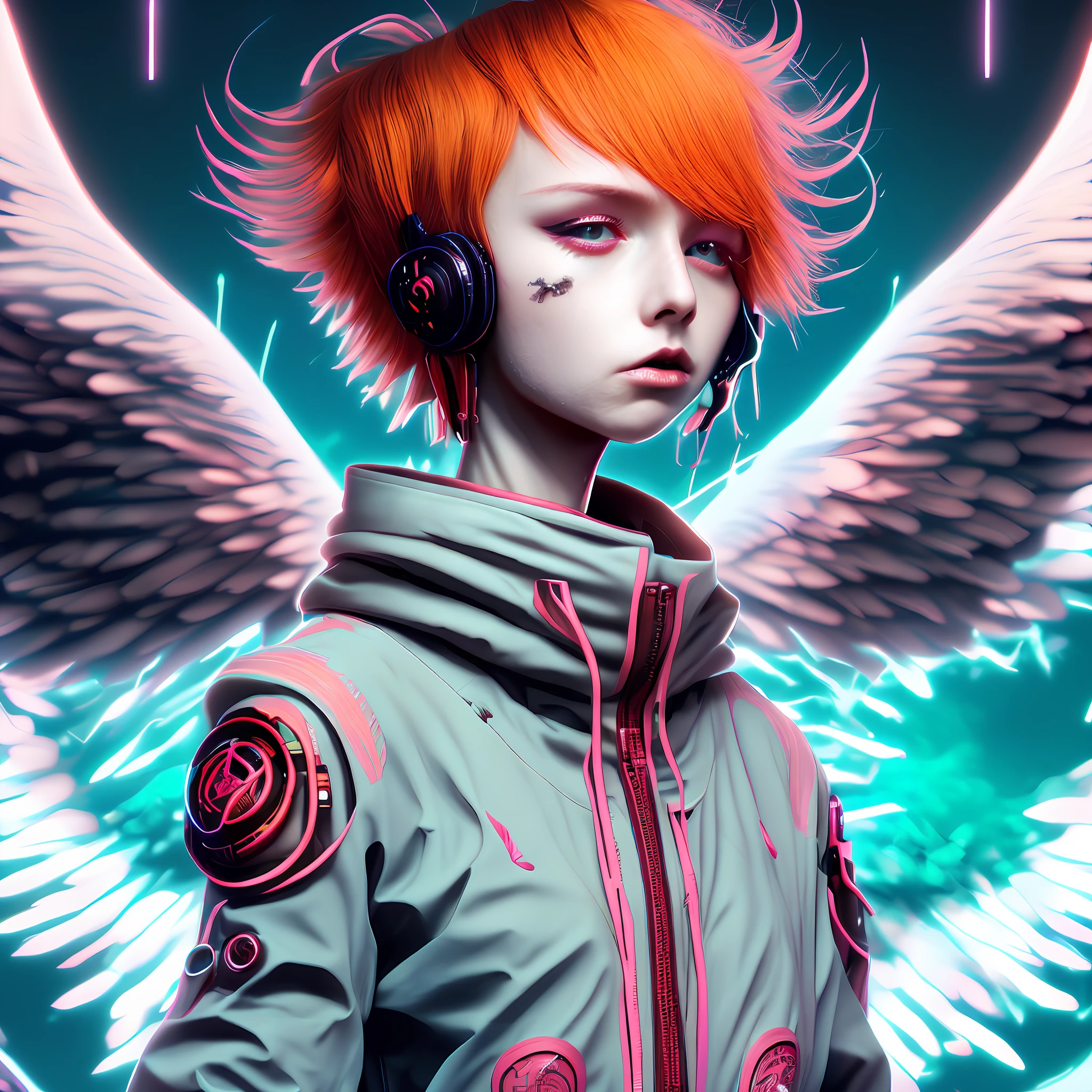 close-up photo of (SeventhHeaven:1) Charming Red Haired, cyberpunk style, cybercore, conversation looking off screen, HyperDrive style