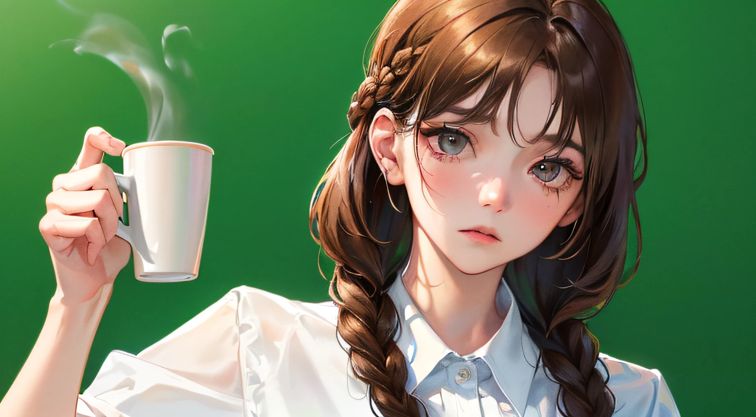 (highest resolution, distinct_image) Best quality, ((((1 woman))), masterpiece, very detailed, green background, white coffee cup on desk, semi-realistic, brown hair, braided hairstyle, expressionless, bangs, 21 years old, mature, young, black shirt, outdoors, delicate facial features, facial features, mid-shot,