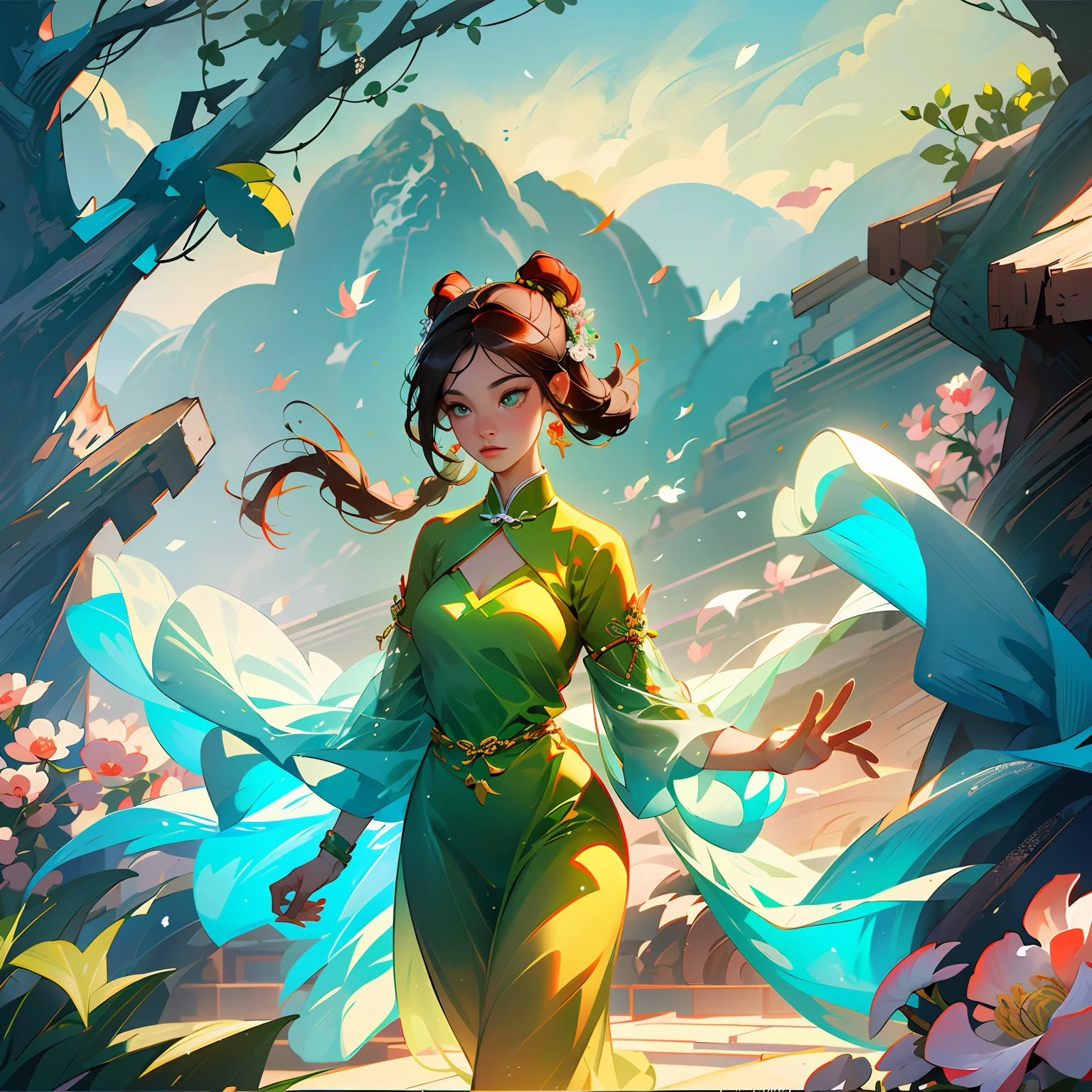 ((High-quality CG, Chinese painting style), (one female), full body picture, character standing painting, a beautiful fairy dancing in the magnificent sky, beautiful and gorgeous posture, beautiful appearance like a flower, dressed in gorgeous clothes, like the first bloom of snow lotus, eyes shining happily, full of light, brilliant magic array surrounding, containing oriental aesthetics, gorgeous fairy clothes, exquisite posture, long hair like a waterfall, white light flashing, dreamy clouds, C4D, OC rendering, movie edge light, fine light, masterpiece, super detail, epic composition, ultra HD, high quality, 32k --auto