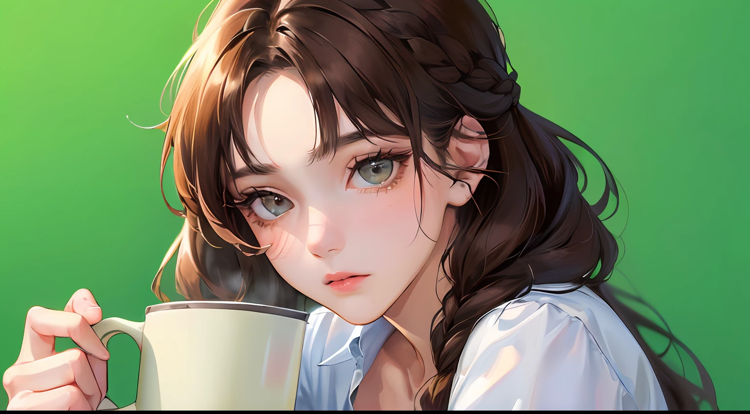 (highest resolution, distinct_image) Best quality, ((((1 woman))), masterpiece, very detailed, green background, white coffee cup on desk, semi-realistic, brown hair, braided hairstyle, expressionless, bangs, 21 years old, mature, young, black shirt, outdoors, delicate facial features, facial features, mid-shot,