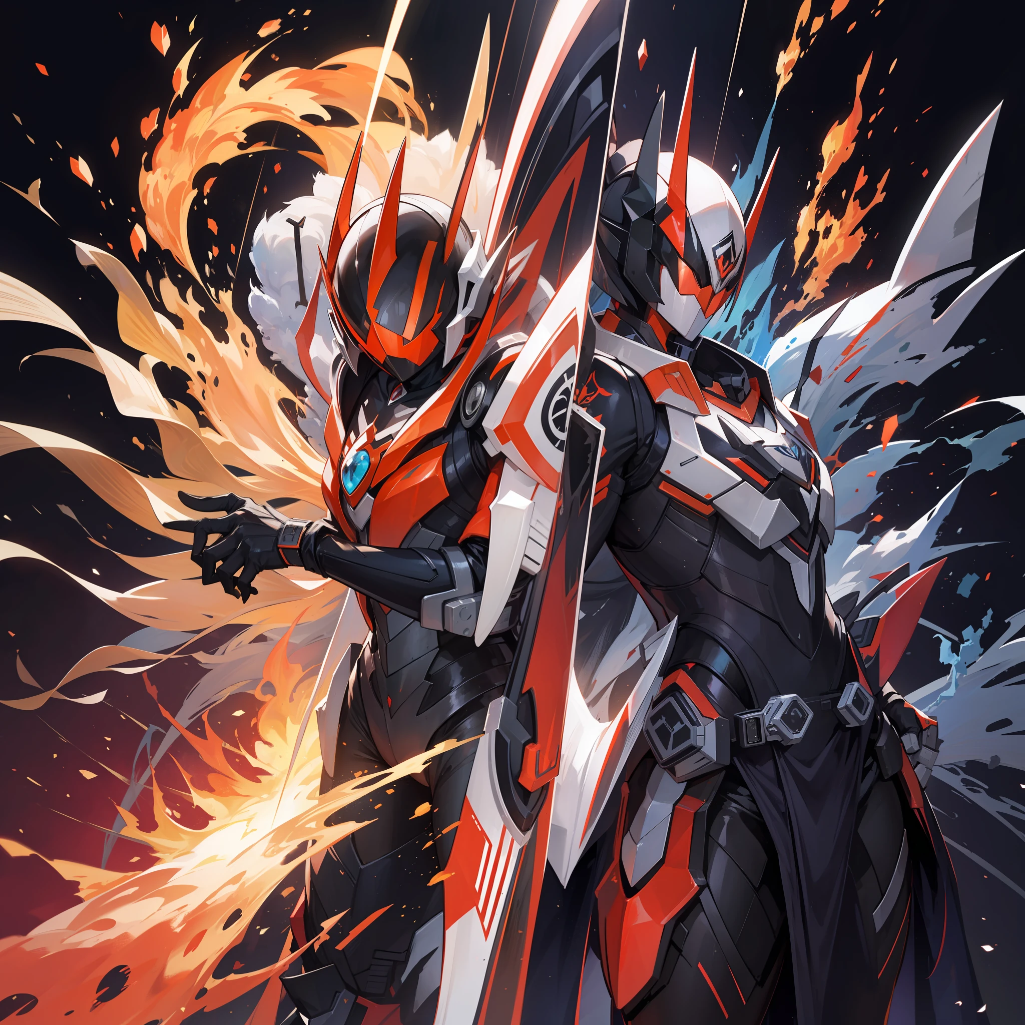 The Sentai costume is inspired by the Kamen Rider and has a theme focused on the element of fire. During the transformation to armor mode, subtle particles of fire are displayed that accompany the process, accentuating the atmosphere of the transformation. and in costume and man