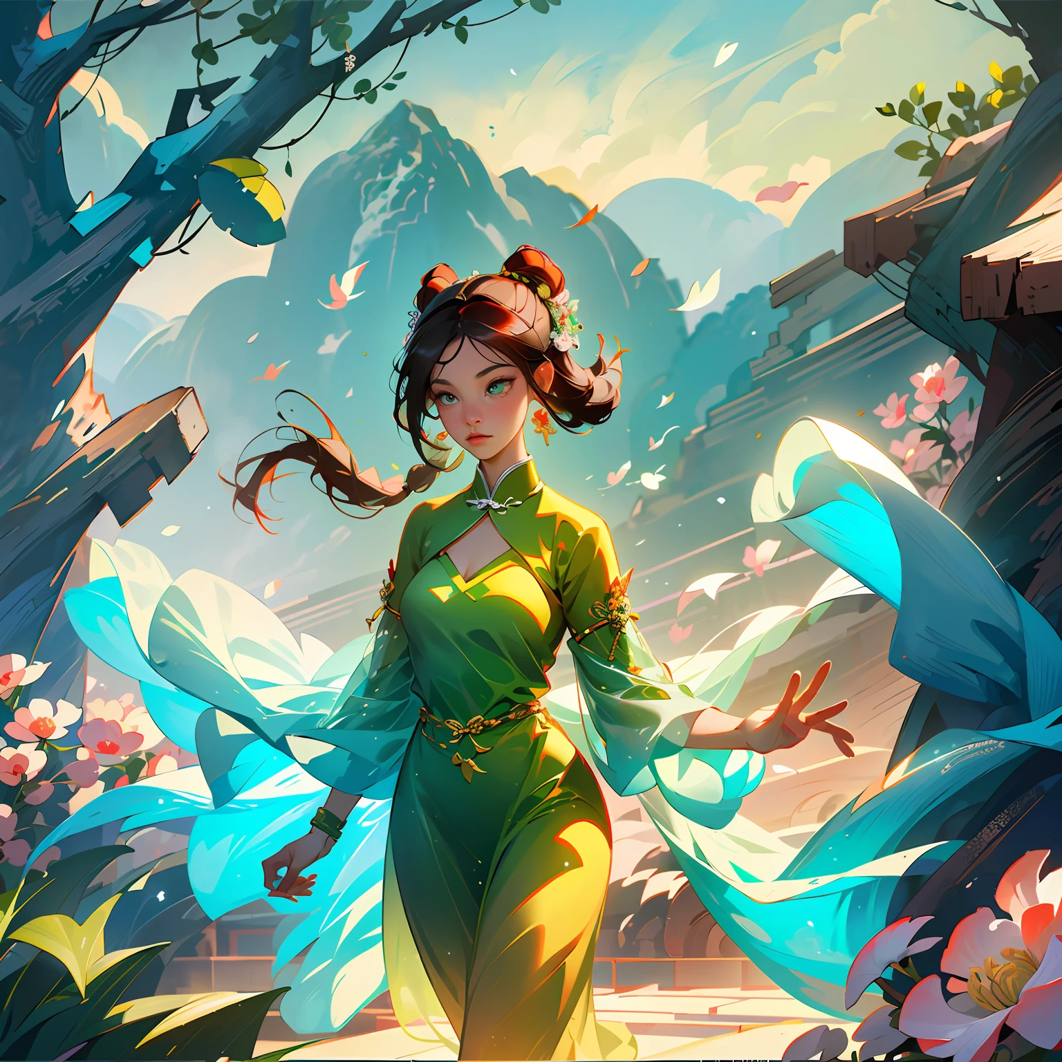 ((High-quality CG, Chinese painting style), (one female), full body picture, character standing painting, a beautiful fairy dancing in the magnificent sky, beautiful and gorgeous posture, beautiful appearance like a flower, dressed in gorgeous clothes, like the first bloom of snow lotus, eyes shining happily, full of light, brilliant magic array surrounding, containing oriental aesthetics, gorgeous fairy clothes, exquisite posture, long hair like a waterfall, white light flashing, dreamy clouds, C4D, OC rendering, movie edge light, fine light, masterpiece, super detail, epic composition, ultra HD, high quality, 32k --auto