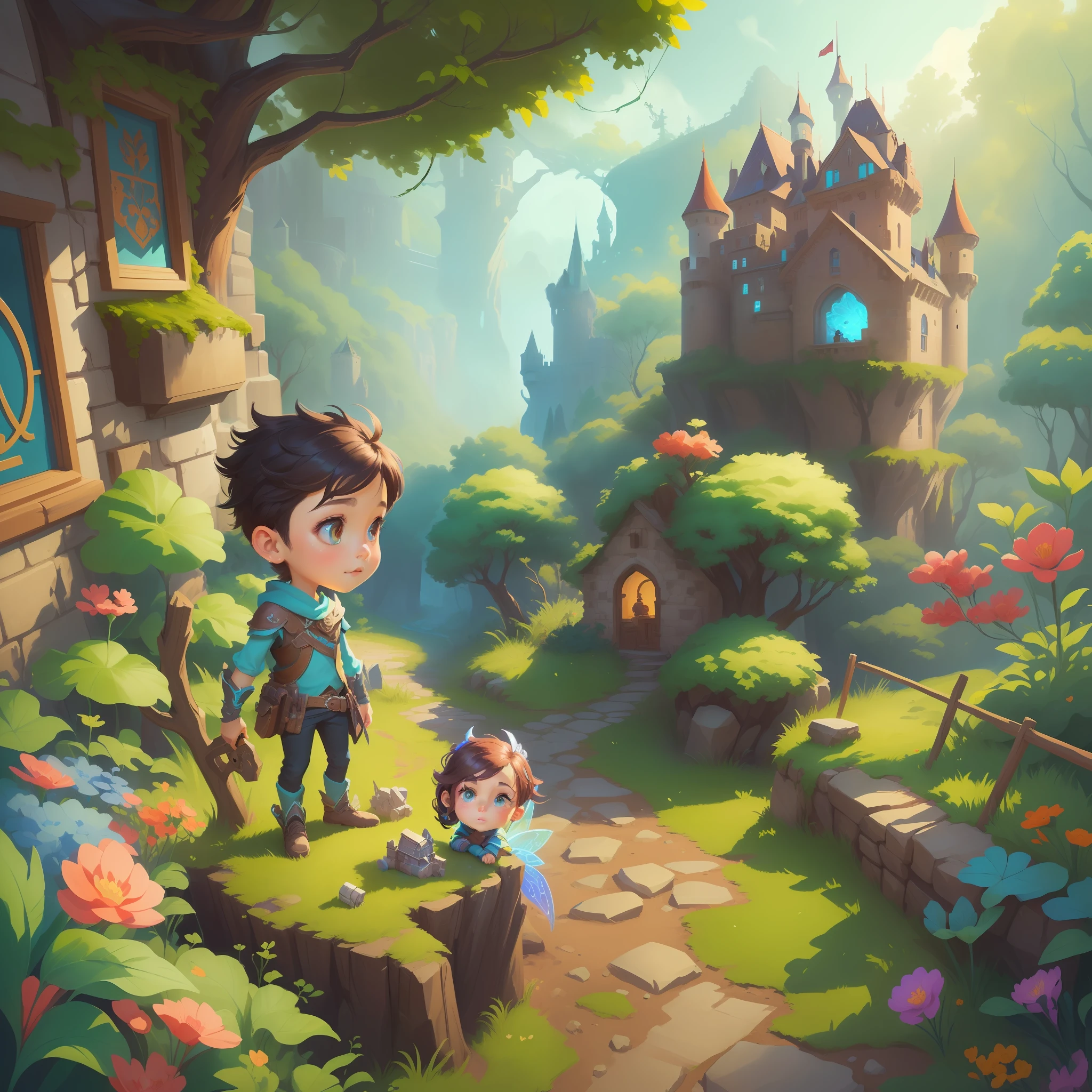 cartoon boy and girl in a forest with a castle in the background, childrens art in artstation, mobile game art, fantasy game art style, game illustration, detailed game art illustration, stylized game art, cute detailed digital art, colorful kids book illustration, game art, kids book illustration, detailed game art, fairy-tale illustration style, 2 d game art