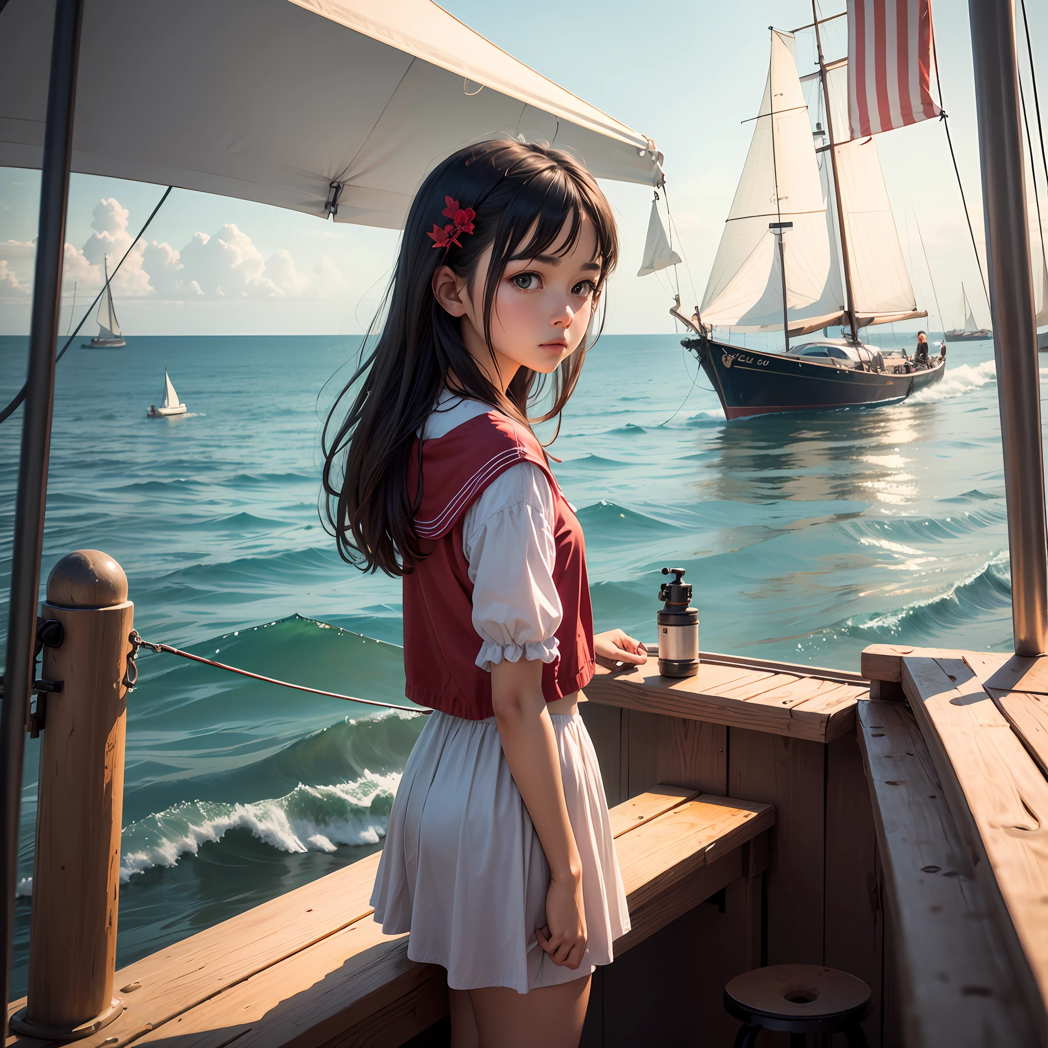 Landscape, young girl, Assol, Scarlet sails, girl looking from the shore to the sea, camera looking at the sea, sailboat with scarlet sails. --auto